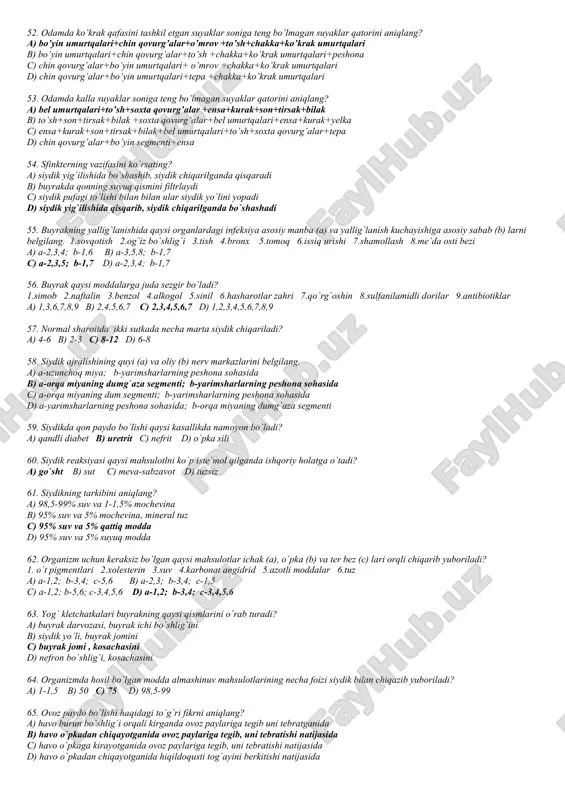 oplazmatik to`r; 6) sentromera; 7) yadrocha; 8) yadro; 9) sitoskelet; 10) xromatin a) a-1,3; b-2,9 b) a-4,5; b-3,7,9 c) a-1,10; b-2,7,8 d) a-2,9; b-1,6 27. parpining pixtadan farqini aniqlang. 1) gulli o'simlik; 2) urug'kurtakdan urug' hosil qiladi; 3) urug'idan ko'payadi; 4) o'tkazuvchi sistemaga ega; 5) urug'langan tuxum hujayradan murtak hosil qiladi; 6) chang donalari hosil qiladi; 7) urug'lanishdan so'ng tugunchadan meva hosil qiladi. a) 5, 6 v) 1 ,7 s) 2, 4 d) 3 ,7 28. 29. 30. ma`lum bir hayvonni maydalanish davrida jami blastomerlardagi hujayra markaziga kiruvchi mikronaychalar soni 27648 taga yetgan vaqtda jami hujayralardagi autosomalar soni jinsiy xromosomalarga nisbatan 11264 taga ko`p bo`lsa u holda maydalanish bosqichida 6 marta meridional bo`linish sodir bo`lgandan so`ng hosil bo`lgan hujayralardagi xromosomalar sonini aniqlang. a) 26624 b) 24576 c) 13312 d) 12288 31. agar o`simlikda hosil bo`lgan mikrosporalarning 40%idan chang hosil bo`lib, changing 50% urug`lanishda qatnashgan bo`lsa hamda o`simlik 160 ta urug` …