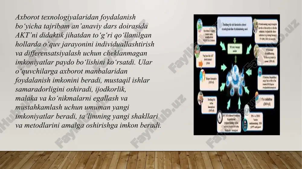 amiyatga ega bo‘ladi. testlardan tashqari krossvordlar, sxemalar, jadvallardan foydalaniladi, o‘quvchilar dars materiallarni mustaqil o‘rganishda bevosita kompyuterda ishlaydilar. barcha o‘quv fanlarida qo‘shimcha va rivojlantirish materiallari sifatida ko‘plab videofilm hamda fotolavhalar bilan o‘lkashunoslik materialidan foydalanish mumkin. microsoft power point dasturlari yordamida yaratilgan taqdimotlar ta’lim jarayonida akt’dan foydalanish juda samarali shakli hisoblanadi. taqdimotda asosiysi — axborotliligi, ko‘rgazmaliligi, qiziquvchanligi hisoblanadi. mazkur dastur orqali turli mavzu va fanlar bo‘yicha taqdimotlar yaratishda fotosuratlar, rasmlar, animatsiya, qo‘shimcha axborotlardan foydalanish mumkin. maktabda mavjud bo‘lgan internet tarmog‘i ishimizda katta yordam ko‘rsatadi. internet — bu global axborot tizimi ekanligi barchaga ma’lum. u elektron pochta, izlash tizimlarini o‘z ichiga oladi va turli axborot resurslaridan foydalanish imkonini beradi. undan kerakli axborotlarni topish, qayta ishlab chiqish va ularni ko‘paytirib, barcha kompyuterlarga o‘rnatib bolalarga mustaqil juftlikda, guruhda, individual ishlashni taklif etish mumkin. o‘quvchilarga turli xildagi topshiriqlarni taklif etish: tadqiqot o‘tkazish, asosiysini tanlash, taqdimot tayyorlash, jadvalni to‘ldirish imkoni paydo bo‘ladi. axborot olishning boshqa bir usuli …