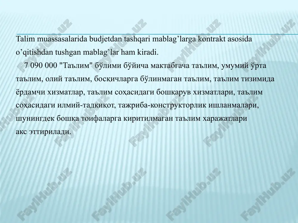 ladigan to’lovlar hisobiga shakllantiriladigan byudjetdan tashqari mablag’lari. budjet kodeksining 60-moddasiga muvofiq, budjet tashkilotiarining budjetdan tashqari qo‘shimcha daromadlari “budjet tashkilotining rivojlantirish jamg‘armasi” deb nomlangan jamg‘armada jamlanadi. bu jamg‘armani shakllantirish quyidagi manbalar hisobidan amalga oshiriladi: - hisobot choragimng so‘nggi ish kuni oxirida xarajatlar smetasi bo'yicha tejalgan mablag'lar, bundan kapital qo‘yilmalarni moliyalashtirish uchun nazarda tutilgan mablag’lar mustasno; - faoliyat ixtisosligi bo'yicha tovarlami (ishlami, xizmatlami) realizatsiya qilishdan olingan daromadlar; - b u d je t tashkiloti balansida turgan mol-mulkni ijaraga berishdan olingan mablag‘larning bir qismi; - belgilangan tartibda budjet tashkilotlari tasarrufida qoldiriladigan mablag'lar; - homiylikdan olingan mablag'lar. 19 davlat tibbiyot muassasalarida ham budjetdan tashqari mablag'lar hisobidan tibbiyot muassasalarini moddiv rag ‘batlantirish va rivojlantirish jamg'armasi shakllantiriladi. ushbu jamg'arma mablag'larini shakllantirish manbalari hamda ishlatish yo'nalishlari o'zbekiston respublikasi vazirlar mahkamasming 2005-yil, 21-dekabrdagi “tibbiyot xodimlari mehnatiga haq to ‘lashning takomillashtirilgan tizimini tasdiqlash to ‘g'risida”gi 276-sonli qaroriga muvofiq belgilab berilgan. 20 tibbiyot muassasalarini moddiy rag‘batlantirish va rivojlantirish jamg‘armasi quyidagi …