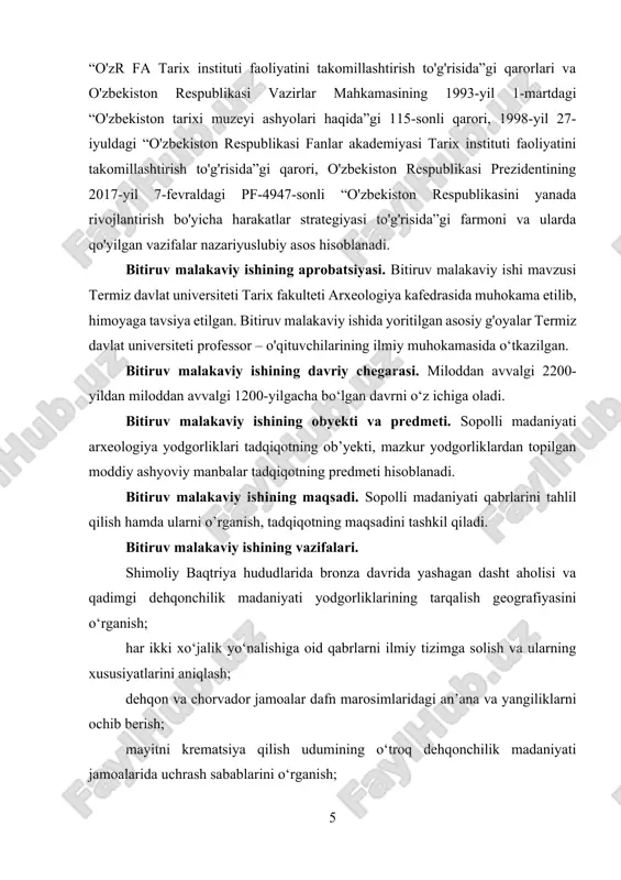 tsiyasi. bitiruv malakaviy ishi mavzusi termiz davlat universiteti tarix fakulteti arxeologiya kafedrasida muhokama etilib, himoyaga tavsiya etilgan. bitiruv malakaviy ishida yoritilgan asosiy g'oyalar termiz davlat universiteti professor – o'qituvchilarining ilmiy muhokamasida o‘tkazilgan. bitiruv malakaviy ishining davriy chegarasi. miloddan avvalgi 2200-yildan miloddan avvalgi 1200-yilgacha bo‘lgan davrni o‘z ichiga oladi. bitiruv malakaviy ishining obyekti va predmeti. sopolli madaniyati arxeologiya yodgorliklari tadqiqotning ob’yekti, mazkur yodgorliklardan topilgan moddiy ashyoviy manbalar tadqiqotning predmeti hisoblanadi. bitiruv malakaviy ishining maqsadi. sopolli madaniyati qabrlarini tahlil qilish hamda ularni o’rganish, tadqiqotning maqsadini tashkil qiladi. bitiruv malakaviy ishining vazifalari. shimoliy baqtriya hududlarida bronza davrida yashagan dasht aholisi va qadimgi dehqonchilik madaniyati yodgorliklarining tarqalish geografiyasini o‘rganish; har ikki xo‘jalik yo‘nalishiga oid qabrlarni ilmiy tizimga solish va ularning xususiyatlarini aniqlash; dehqon va chorvador jamoalar dafn marosimlaridagi an’ana va yangiliklarni ochib berish; mayitni krematsiya qilish udumining o‘troq dehqonchilik madaniyati jamoalarida uchrash sabablarini o‘rganish; mayitni etidan tozalab ko‘mish odatining arxeologik madaniyatlarda aks etishini yoritish; …