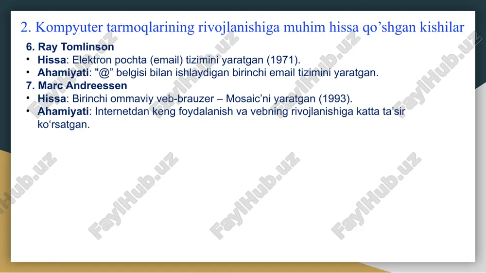 er tarmoqlarining standartlari iso (international organization for standardization) – xalqaro standartlashtirish tashkiloti bo‘lib, turli sohalar, jumladan, texnologiya, ishlab chiqarish, sog‘liqni saqlash, atrof-muhit va axborot texnologiyalari uchun standartlarni ishlab chiqadi. tashkil etilgan yili: 23-fevral, 1947-yil bosh office: jeneva, shveytsariya a’zolar soni: 160+ davlat vazifasi: mahsulotlar, xizmatlar va tizimlarning sifati, xavfsizligi va samaradorligini ta’minlash uchun global standartlarni ishlab chiqish. 5. kompyuter tarmoqlarining standartlari iso ning asosiy vazifalari xalqaro standartlarni ishlab chiqish – turli sohalarda moslashuvchan va samarali ishlaydigan standartlarni yaratish. texnologik taraqqiyotni qo‘llab-quvvatlash – yangi texnologiyalarni ishlab chiqish va ularni keng joriy etishga ko‘maklashish. mahsulot va xizmatlar sifatini oshirish – iste’molchilar va ishlab chiqaruvchilar uchun sifat va ishonchlilikni ta’minlash. savdo-sotiqni yengillashtirish – xalqaro savdo jarayonlarini soddalashtirish va mahsulotlarning global moslashuvini ta’minlash. xavfsizlik va ekologiyani himoya qilish – mahsulot va xizmatlarning inson va atrof-muhitga zarar yetkazmasligini kafolatlash. 5. kompyuter tarmoqlarining standartlari ieee (institute of electrical and electronics engineers) – elektr muhandisligi, elektronika, axborot …