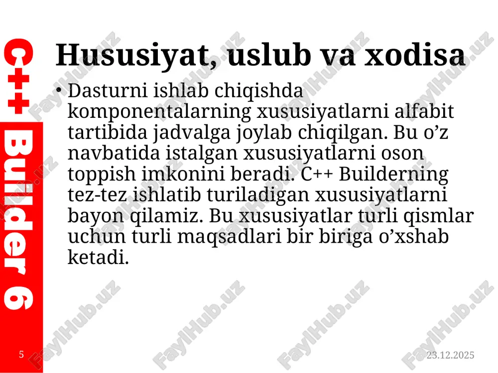 nidan so’ng shu ob’yekt yordamida qandaydir ma’lumotlar qayta ishlanadi. masalan, ruchkani oladigan bo’lsak, ruchka bu ob’yekt, uning xodisasi biron–bir boshqa ob’yektning ustida xarakatidir. 06.11.2025 17 c++ builder 6 hususiyat, uslub va xodisa ob’yektga yo’naltirilgan dasturlash tillarida xodisani ajratib olish uchun xodisaning nomi oldiga on so’zi qo’shilgan. masalan, ob’yektning chertish, bosish ma’nosini anglatuvchi click xodisasi onclick deb nomlangan. xodisa (event) — bu dasturning ishi jarayonida sodir bo’ladigan voqeadir. sichqoncha tugmasini bir marta chertish– onclick, ikki marta chertish ondblclick xodisasi hisoblanadi. 06.11.2025 18 c++ builder 6 hususiyat, uslub va xodisa xodisa bajariladigan vazifasi onactivate forma bu xodisani aktivlashgan qabul qiladi oncanresize qayta o’lchash oncontextpopup context menyudan foydalanilganda onclick sichqoncha tugmani komponenta sohasida chertilganda onclose formadan chiqishdan foydalanilganda 06.11.2025 19 c++ builder 6 hususiyat, uslub va xodisa xodisa bajariladigan vazifasi oncreate ob’ekt (forma, boshqarish elementlari) yaratilganda. bu xodisalarni qayta ishlash protsedurasi o’zgaruvchilarni e’lon qilish va tayyorgarlik ko’rishda foydalaniladi. masalan boshlang’ich qiymatlarni o’rnatishda. ondblclick …