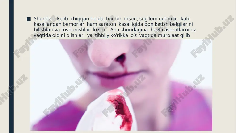 ukoridagi simptomlardan bir nechtasi kuzatilsa, zudlik bilan tez yordam chaqirish lozim. tez yordam kelgunga kadar, ko’krak qafasi sohasiga sovuk grelka ko’yib, bemorni tinchlik holatida ushlab turish lozim. jigar rakida qon ketishi jigar rakida qon ketishi ko’p hollarda o’sma hujayralarining yemirilish oqibatida yuzaga keladi. bunda jigar rakining birlamchi va kkilamchi rivojlanishi davri ahamiyatga ega. birlamchi davrda o’sma jigarning uzida joylashgan bo’ladi.o’sma hujayralari bitta yoki ko’plab hosilada joylashgan bo’ladi. o’sma qo’shni va yaqin a'zolarga o’sib kiradi va metastaz beradi. bu jigar raki rivojlanishining ikkinchi davri hisoblanadi. jigar rakidan qon ketishi ko’proq mana shu ikkinchi davrga to’gri keladi. gepatocellular rak gepatocellular rak gepatocellular rak xolangecelluler rak birlamchi jigar raki klinikasi intoksikatsiya belgilari: tez charchash, holsizlik, ishtahasizlik, ozib ketish, ko’ngil aynish. ogriq sindromi. holestatik belgilar. gemoragik sindrom. gepatomegaliya. splenomegaliya. astsit klinik belgilari diagnostikasi fizikal tekshiruvlar laborator tekshiruvlar. (onkomarkerlar) utt, dopler; mskt mrt; angiografiya holangiografiya biopsiya. laparoskopiya. utt doplerografiya kt kompyuternie tomogrammi, vipolnennie na spiralnom …