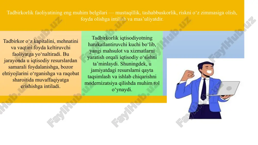 (mchj), aksiyadorlik jamiyati (aj) va xususiy korxonalardir. mchjda ishtirokchilar faqat o‘z ulushi miqdorida javobgar bo‘lib, bu shakl kichik va o‘rta biznes uchun qulaydir. aksiyadorlik jamiyatida esa ustav kapitali aksiyalar shaklida taqsimlanadi, bu esa yirik investitsiyalarni jalb etishga imkon beradi. xususiy korxona esa bir shaxsga tegishli bo‘lib, u barcha moliyaviy javobgarlikni o‘z zimmasiga oladi. ushbu korxona shakllari turli sohalarda tadbirkorlik faoliyatini rivojlantirishda muhim o‘rin tutadi. tadbirkorlik faoliyatining huquqiy asoslari va ro‘yxatdan o‘tkazish tartibi tadbirkorlik faoliyatini amalga oshirish uchun qonunchilikda belgilangan tartibda ro‘yxatdan o‘tish zarur. o‘zbekiston respublikasida bu jarayon adliya vazirligi va uning hududiy bo‘limlari orqali onlayn yoki bevosita amalga oshiriladi. tadbirkorlikning huquqiy asoslari “tadbirkorlik faoliyati erkinligi to‘g‘risida”gi qonun, fuqarolik kodeksi hamda soliq va mehnat qonunlari bilan tartibga solinadi. ro‘yxatdan o‘tgan tadbirkor yuridik maqomga ega bo‘lib, o‘z nomidan shartnomalar tuzish, soliq to‘lash va xo‘jalik yuritish huquqiga ega bo‘ladi. bu jarayon biznesning qonuniy asosda faoliyat yuritishini ta’minlaydi. tadbirkorlikni boshqarish tizimi va iqtisodiy samaradorlik …