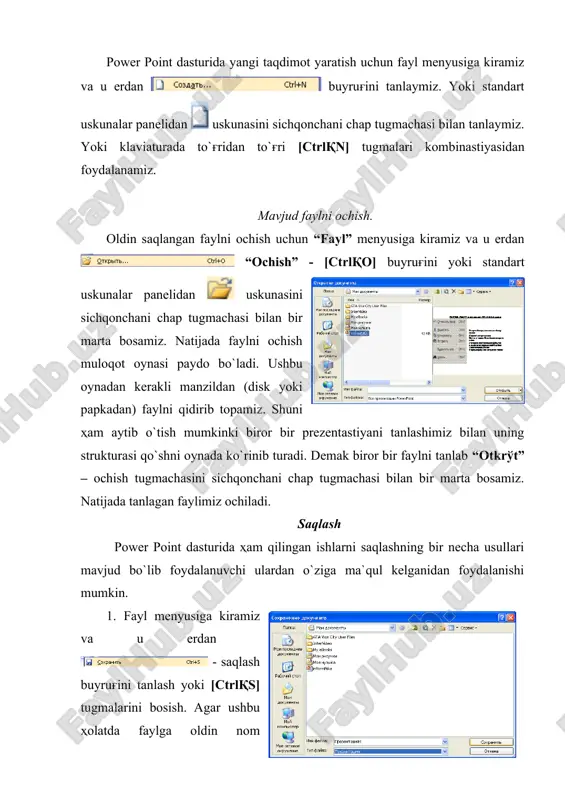 vaqtni o`zimiz uchun ma`qul bo`lgan variantni tanlab qo`yamiz. bu vaqt avtomatik tarzda 10 minutda turadi. biz esa uni bir oz kamaytirishimiz mumkin. masalan: 2 min. bu vaqtni qanchalik darajada kam yoki ko`pligi kiritilgan o`zgartirishlarni tezroq vaqt oralig'ida saqlab borishni belgilaydi. 3. power point dasturida rasm, ovozlar va animastiyalar yozish. slaydlarga rasm va boshqa obyektlarni qo`yish. power point dasturida ham ms word dasturidagi kabi rasmlar bilan ishlash paneli mavjud. ushbu panelda kartinkalar bilan ishlash oynasini chiqarish, fayldan rasm qo`yish, shakllar chizish va turli xil avtofiguralardan foydalanish kabi bo`limlari bor. “avtofiguro'” bo`limida ms word jasturinikidan farqli ravishda “upravlyayuhie kpopki” – ya`ni boshqaruvchi tugmalar qismi ham joylashgan. ushbu bo`limdan biz o`zimiz kerakli bo`lgan boshqarish tugmalarini o`rnatishimiz mumkin. boshqarish tugmalari deganda bir slaydan navbatdagisiga o`tkazish yoki oxirgi slaydga o`tkazish uvbi ishlarni bajarish tugmalari tushuniladi. bundan tashqari bu dasturda ham “vstavka” menyusida “risunok” bo`limi joylashgan. ovoz yoki filmlar o`rnatish. biz odingi darslarimizda power point dasturining …
