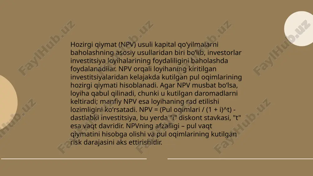 riod), rentabellik indeksi (pi), va diskontlangan qaytish davri. npv usulida kelajakdagi kutilayotgan naqd oqimlari diskontlanib, investitsiya qiymatidan ayiriladi. irr investitsiya loyihasining rentabelligini aniqlab, uni qabul qilish yoki rad etish uchun foydalaniladi. payback period investitsiya qayerda qoplanishini aniqlaydi. pi diskontlangan naqd oqimlar va dastlabki sarmoya nisbati sifatida hisoblanadi. diskontlangan payback period esa diskontlanmagan butun naqd oqimlarni inobatga olib, qaytish vaqtini aniqlaydi. ... t.me/slaydai_bot kapital qoʻyilmalarni baholash usullari moliyaviy tahlilning muhim qismidir. bu usullar orasida sof joriy qiymat (npv), ichki daromadlilik normasi (irr), va qaytib olish davri (payback period) keng qoʻllaniladi. npv loyihaning kutilayotgan pul oqimlarining bugungi qiymatini hisoblash orqali investitsiyalarning qiymatini oʻlchaydi. irr esa loyihaning foiz hisobidagi daromadlilik normasi boʻlib, npvni nolga tenglashtiradi. qaytib olish davri kapital qoʻyilma xarajatlarini qoplab olish uchun qancha vaqt kerakligini belgilaydi. bu usullar investitsion loyihalarni solishtirish va qabul qilishda ishlatiladi. ... t.me/slaydai_bot kapital qoʻyilmalarni baholash usullari investitsion loyihalarni tahlil qilishda muhim ahamiyatga ega. asosiy usullar quyidagilardan …