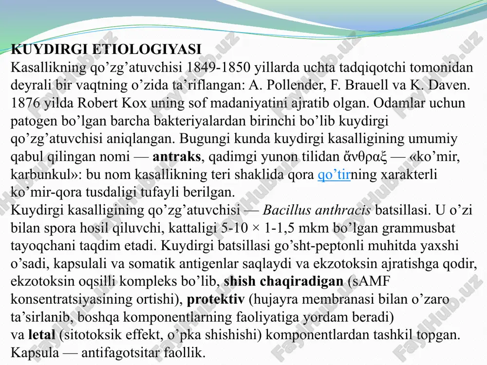 tiladi. kasal hayvon yoki zararlangan material bilan aloqada bo’lgan shaxslar 2 hafta davomida faol tibbiy ko’rikda bo’ladilar. odamlar va hayvonlarni quruq tirik kuydirgi vaktsinasi bilan emlash muhimdir. birinchi vaktsina fransuz mikrobiologi va kimyogari luis paster tomonidan ixtiro qilingan va sinovdan o’tgan. rossiyada, birinchi bunday vaksinalardan bo’lgan lange vaktsinasi ivan nikolaevich lange va lev semenovich tsenkovskiy tomonidan yaratilgan. kasallik yakuni kasallikning qanday yakun topishi asosan kasallikning shakli bilan belgilanadi, umuman olganda shartli yomon hisoblanadi va hatto to’g’ri va o’z vaqtida davolashda ham o’limga olib kelishi mumkin. teri shakli to’g’ri davolanmasa, o’lim ko’rsatkichi 10-20% ni tashkil qiladi. kasallikning o’pka shaklida, qo’zg’atuvchining shtammiga qarab, o’lim darajasi 90-95% ni tashkil qilishi mumkin. ichak shakli — taxminan 50%. kuydrigili meningit — 90%. o’lat (chuma) — qo’zg’atuvchisi, shakllari, alomatlari, tashxis va davolash o’lat — bakterial kasallik bo’lib, yevropada o’rta asrlarda millionlab odamlar o’limiga sabab bo’lgan. ko’p tarixiy manbalarda kasallik «qora o’lat» deb nomlanadi. vaboning dastlabki pandemiyasi …