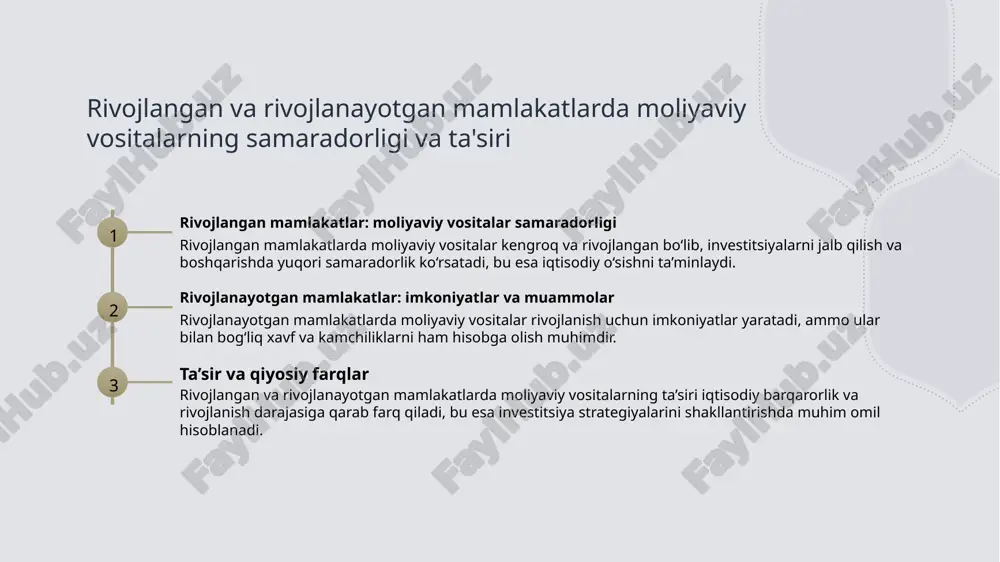 arni oshiradi. 2 risklarni baholash va boshqarish investitsiya risklarini aniqlash va tahlil qilish, shuningdek, muvofiq strategiyalar orqali xavflarni kamaytirish, portfel barqarorligini ta’minlaydi. 3 moliyaviy instrumentlarning roli obligatsiyalar, aksiyalar va derivativlar kabi vositalar risklarni diversifikatsiya qilish va kutilmagan yo‘qotishlardan himoyalanishda muhim ahamiyatga ega. 4 investitsiya strategiyalarining ta’siri yaxshi ishlab chiqilgan strategiyalar risklarni nazorat qilish va daromadni optimallashtirish imkonini beradi, shuningdek, bozor sharoitlariga moslashuvchanlikni ta’minlaydi. xalqaro va o'zbekiston kontekstida moliyaviy vositalarning samaradorligi va investitsiya imkoniyatlari. 1 xalqaro moliyaviy vositalar samaradorligi xalqaro moliyaviy vositalar, masalan, valyuta bozorlari va sukuklar, investitsiyalarni diversifikatsiya qilish va risklarni kamaytirishda muhim rol o’ynaydi. 2 o'zbekiston uchun imkoniyatlar o'zbekistonda xalqaro moliyaviy vositalar, xususan, xalqaro kreditlar va grantlar, iqtisodiy o’sishni qo’llab-quvvatlash va tashqi sarmoyalarni jalb qilish uchun imkoniyatlar yaratadi. 3 investitsiya samaradorligini oshirish moliyaviy vositalar yordamida, ayniqsa, obligatsiyalar va fond bozorlarida, investitsiyalarni boshqarish va rentabellikni oshirish imkoniyatlari kengayadi. 4 rivojlanish va xavfsizlik xalqaro moliyaviy vositalar, tashqi shoklarga qarshi himoya va …