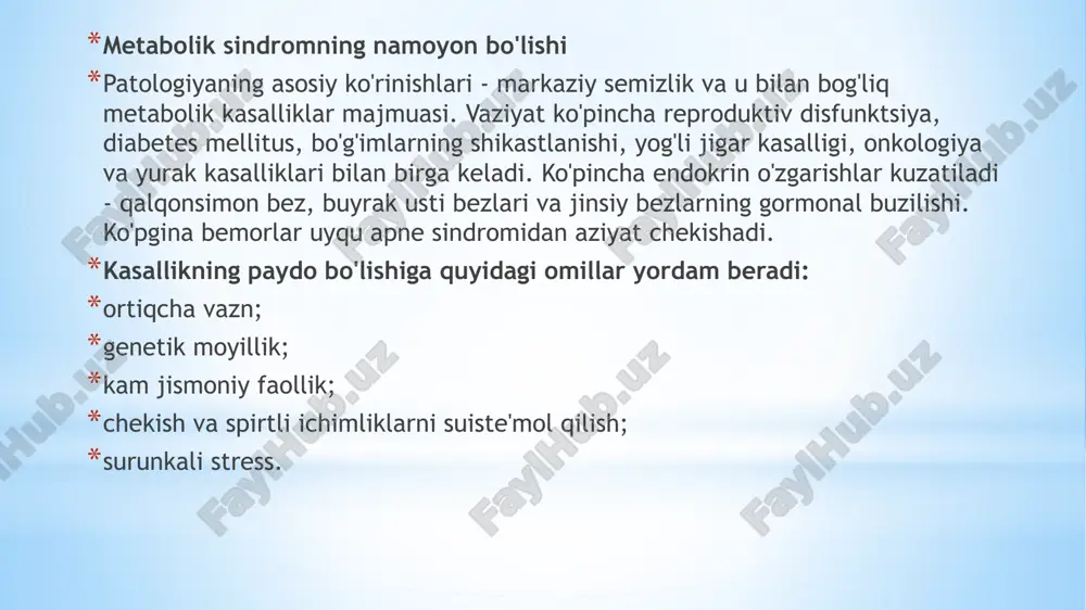qilishdan bosh tortish. bemorda to'g'ri ovqatlanish xulq-atvorini rivojlantirish kerak. ushbu jarayonni engillashtirish uchun kundalikni yuritish va "taqiqlangan" mahsulotlarni sotib olishdan bosh tortish foydalidir. to'g'ri ovqatlanish jismoniy faoliyat bilan birlashtirilishi kerak. salomatlik holatini hisobga olgan holda amalga oshiriladigan kuch va kardio mashqlaridan foydalanishga ruxsat beriladi. kundalik minimal - yarim soat davomida tez sur'atda yurish. parhez. bemorlarga oson hazm bo'ladigan uglevodlarni (pishirilgan mahsulotlar, shakarlamalar, shirin ichimliklar), tez ovqatlanish, konservalarni chiqarib tashlash va iste'mol qilinadigan tuz va makaron miqdorini cheklash kerak. kundalik ratsionda yangi sabzavotlar, mavsumiy mevalar, donlar, yog'siz baliq va go'sht bo'lishi kerak. ovqatni kuniga 5-6 marta kichik qismlarda, yaxshilab chaynash va suvsiz ichish kerak. ichimliklar uchun shakarsiz yashil yoki oq choy, mevali ichimliklar va shakar qo'shilmagan kompotlarni tanlash yaxshidir. jismoniy faollik. mushak-skelet tizimidan kontrendikatsiyalar bo'lmasa, yugurish, suzish, nordic yurish, pilates va aerobika tavsiya etiladi. jismoniy faollik muntazam bo'lishi kerak, haftada kamida 2-3 marta. ertalabki mashqlar va har kuni park yoki o'rmon …