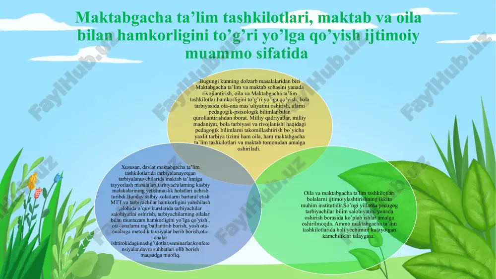 r. shu o‘rinda haqli bir savol tug‘iladi. qanday qilib ta’lim jarayonini mushkullikdan quvonchli jarayonga aylantirsa bo‘ladi? shuni aytib o‘tish joizki, sifatli ta’lim birinchi navbatda ta’lim beruvchi tarbiyachi, pedagogning kasbiy mahoratiga bog‘liqdir. maktabga borish bola hayotidagi jiddiy o‘zgarishlar davri hisoblanadi. mazkur davr bilan bolaning rivojlanishida yangi bosqich boshlanadi. bolaning oldingilardan farq qiladigan faoliyat shakllarini o‘rganishiga to‘g‘ri keladi. kattalar va tengdoshlar bilan munosabatlarning boshqa uslubini o‘rnatish, fiziologik jihatdan o‘zgarishi ham talab etiladi. xo‘sh, maktabgacha ta’lim yoshidagi bolaning tayyorgarligi qanday bo‘lishi kerak degan muhim savol yuzaga keladi. bolalarni maktabga muvoffaqiyatli o‘qishi uchun ularni fanlar bo‘yicha mazmunli tayyorgarligi muhim emas. chunki uni haddan ziyod yuklatish o‘qishga bo‘lgan xohishni susayishiga olib keladi. asosiysi, uni psixologik jihatdan maktabga tayyorgarligi, bilishga qiziqishi, o‘zini nazorat qila olish malakalarini, kommunikativ va ijodiy qobilyatlarini, nutqini, xotirasini, diqqatini, tafakkurini rivojlanishining ma’lum darajasini shakllantirish lozimdir. ko‘rib turibmizki, bolalarni maktabga tayyorlash katta yoki tayyorlov guruhlarida emas, balki uning maktabgacha ta’lim tashkilotiga kelgan kunidanoq …