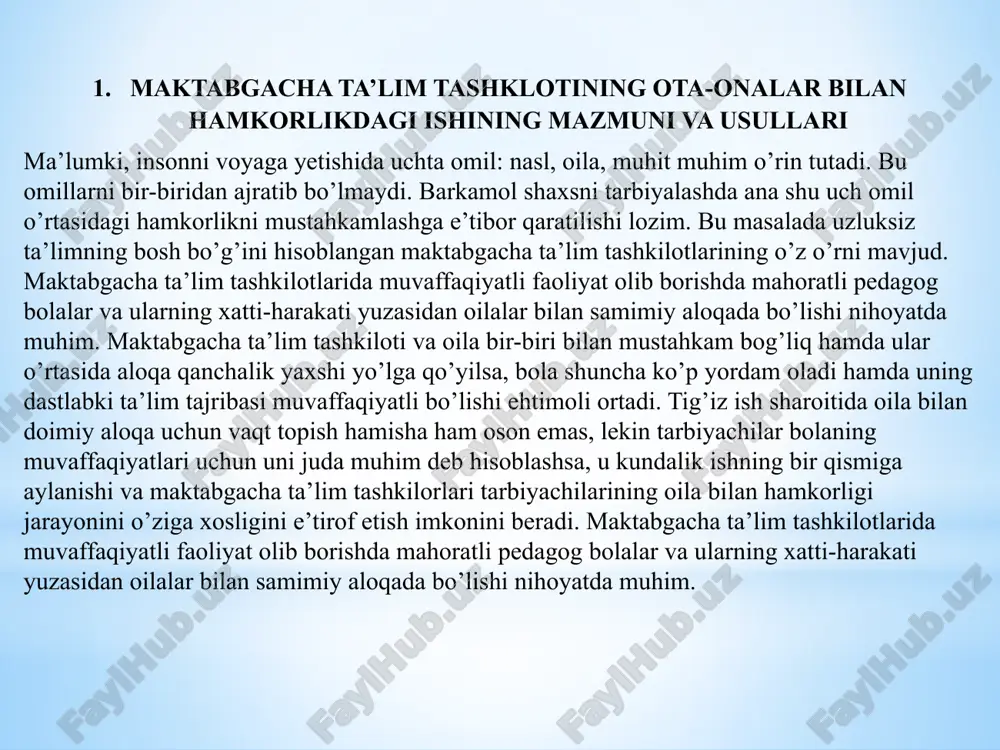 ning oila bilan olib boradigan ishi mazmuniga quyidagilar kiradi: ➢ ota-onalarga o’z farzandlarining tarbiyasi uchun davlat va jamiyat oldida javobgar ekanliklarini tushuntirib borish; ➢ ota-onalarni bola tarbiyasi uchun zarur bo’lgan bilim, malakalardan xabardor qilish (bolalarning yosh, anatomik -fiziologik va ruhiy xususiyatlari, ularni oilada tarbiyalashning mazmuni, metodi, shart-sharoitlari bilan tanishtirish); ➢ bola tarbiyasida oila bilan hamjihatlik, bolani to’g’ri tarbiyalashni nazorat qilib borish, oila tarbiyasining eng yaxshi namunalarini o’rganish va ommalashtirish. shu tariqa maktabgacha ta`lim muassasalari xodimlari va ota-onalar hamkorlikda uzluksiz ta`limning bosh bug’ini hisoblangan maktabgacha ta`lim tizimining vazifalarini amalga oshiradi. 4.maktabgacha taʼlim tashkilotlarining oila bilan hamkorlik ishlarini innovasion yondashuv asosida tashkil etish yo‘llari farzand - oilaning quvonchi, ota – onaning tayanchi, jamiyatning hayotbaxsh kuchi. hayotning birinchi yilidan boshlab bola shaxsini shakllantirish, yaʼni uning tarbiyasi bilan shugʻullanish oilaning asosiy vazifasidir. oila jamiyatning boshlangʻich boʻgʻini boʻlib, unda yangi inson vujudga keladi, bu kichik ijtimoiy guruh bola uchun dastlabki hayot maktabidir. ota – onalar …