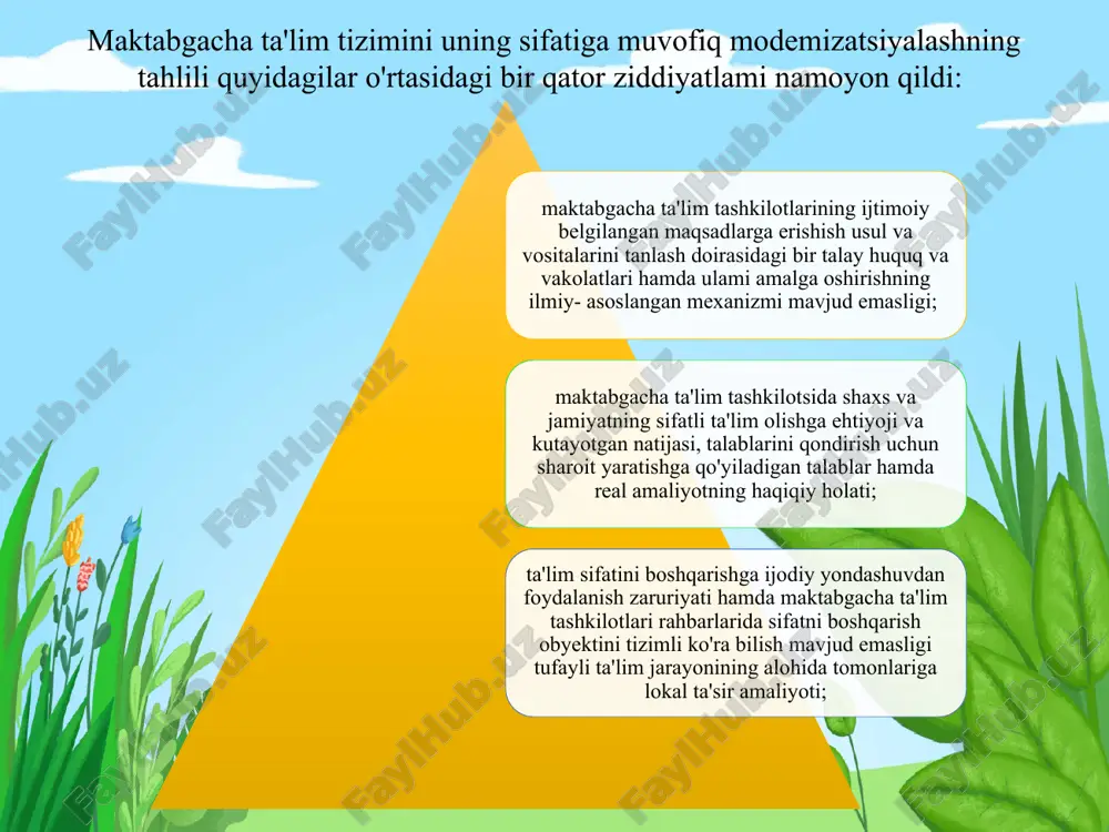cha pedagogikaning bu yo'nalishi o‘z nomini bolalar tarbiyasida o‘ziga xos yondashish usulini ishlab chiqqan italiyalik oilaviy juftlik familiyasidan olingan. 4. integratsion bolalar bog'chalari. bunday turdagi mtmlarda sog'lom bolalar bilan birgalikda jismonan va ruhiy nosog'lom bolalar birgalikda tarbiyalanadilar. bunday sharoit oddiy bolalar uchun chidamlilik, bag'rikenglik va hurmat qilishni o'rganishga ajoyib imkoniyat, deb qaraladi. 5. internatsional bolalar bog'chalari. bunday bolalar bog'chalari emigrantlar uchun yaratilgan bo'lib, ko'pincha ularni emigrantlarning o'zlari farzandlari uchun tashkil etadilar. germaniya turk-nemis, yahudiy, rusnemis bolalar bog'chalari juda ko'p. bunday guruhlarda doimo bolalar bilan ona tilida so'zlovchi tarbiyachi bilan birga nemis tilida so'zlovchi tarbiyachi ham bo'ladi. x u l o s a xulosa qilib aytganda xorij mamlakatlari (buyuk britaniya hamda germaniya) ning maktabgacha ta’lim tizimini tahlil qilar ekanmiz ingliz bolalar bog'chasida maktabgacha ta’lim tizimining asosiy maqsadi har bir bolaga mustaqillik, erkinlik, o'z fikrini bayon qilish imkoniyatlar yaratib berishda o'yinlardan ko'proq foydalanish shuningdek o'yin davomida uqtirish yo'li orqali emas balki yon …
