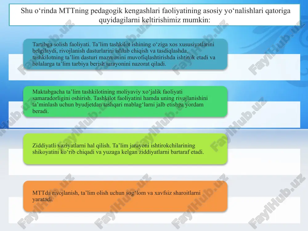 o‘nikmasini hosil qilish maqsadida qo‘laniladi. xulosa maktabgacha ta’lim tashkilotlarida yosh avlodning aqliy-intellektual, estetik, jismoniy, ma’naviy salohiyatini oshirishga qaratilgan chora-tadbirlarni takomillashtirish alohida dolzarblik kasb etmoqda. bu borada pedagog rahbar–jamiyatning yosh avlod ta’lim-tarbiyasiga qo’ygan ijtimoiy buyurtmasining asosiy ijrochisiga aylanishi muqarrar. bugungi kunda jahonda texnologiyalar va axborotlashtirish jarayonlarining rivojlanishi davrida maktabgacha ta’limni isloh qilish, komil insonni tarbiyalash, ularga zamonaviy ta’lim berish masalalari birinchi navbatda hal qilinishi kerak bo’lgan muammo hisoblanadi. aynan, maktabgacha ta’limni isloh qilishda bolaning maktabga tayyorgarligi bilan belgilanuvchi ta’lim sifatini oshirish muhim va zaruriy bo’lib hisoblanadi. shu jihatdan olganda, maktabgacha ta’lim tashkilotlarida ta’lim sifatini ta’minlashda zamonaviy yondashuvlar, boshqaruv, innovatsiya va axborot texnologiyalarini ta’lim-tarbiya jarayoniga joriy etishda rahbarlik layoqatini oshirish muhim ahamiyat kasb etadi. barchamizga ma’lumki maktabgacha ta’lim- ta’lim tizimining ilk bo’gini ya’ni asosi hisoblanadi. shuning uchun ham bu sohaga juda katta e’tibor berilmoqda. maktabgacha ta’lim tashkilotidagi pedagogik kengash jamoa pedagoglari fikrini ifodalovchi, bolalar bilan olib boriladiga ta’lim-tarbiyaviy masalalarni kollegial ko‘rib chiqadigan …
