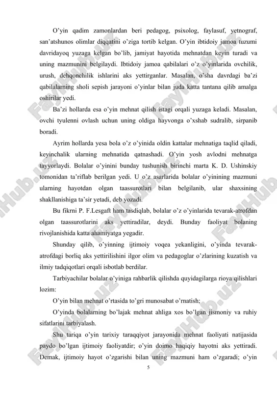 yoshli bolalar o’yin faoliyatining birinchi bosqichi tanishtiruvchi o’yin bo’lib, u narsa, buyum o’yin faoliyati hisoblanadi. uning mazmuni qo’l ishidagi murakkab va nozik harakatlardir. keyingi bosqich aks yettirish o’yini hisoblanadi. bu ilk yoshli bolalar o’yini psixologik mazmunining rivojlanishida yeng yuqori nuqta hisoblanadi. kattalar ta’lim-tarbiyaviy ishlarini ma’lum izchillik bilan olib borsalar, bu yoshdagi bolalar narsa va buyumlar nomini, nimaga ishlatilishini bilib oladilar va bu yangi bilimlarni o’z o’yinlarida qo’llay bosh-laydilar. bu yoshdagi bolalar o’yini mazmuni juhatidan predmetli faoliyatni aks yettiradi. birinchi yoshning oxiri va ikkinchi yoshdagi bolalar o’yinida’ syujetni aks yettirish yuzaga keladi. bola qo’lidagi buyum bilan undan qanday foydalanish kerakligini aks yettiradi. masalan, qoshiq bilan ovqat yeyiladi, piyoladan choy ichiladi, karavotda yotiladi, qo’girchoqni «onasi» yerkalaydi va hokazo. shuning asosida syujetli-rolli o’yinning dastlabki qirralari yuzaga kela boshlaydi. navbatdagi bosqich rolli o’yin bo’lib, unda bolalar o’zlariga tanish bo’lgan kattalar mehnati va kishilarning ijtimoiy munosabatlarini aks yettiradilar. bolalar o’yin faoliyatining bosqichma-bosqich rivojlanishi to’grisidagi ilmiy …