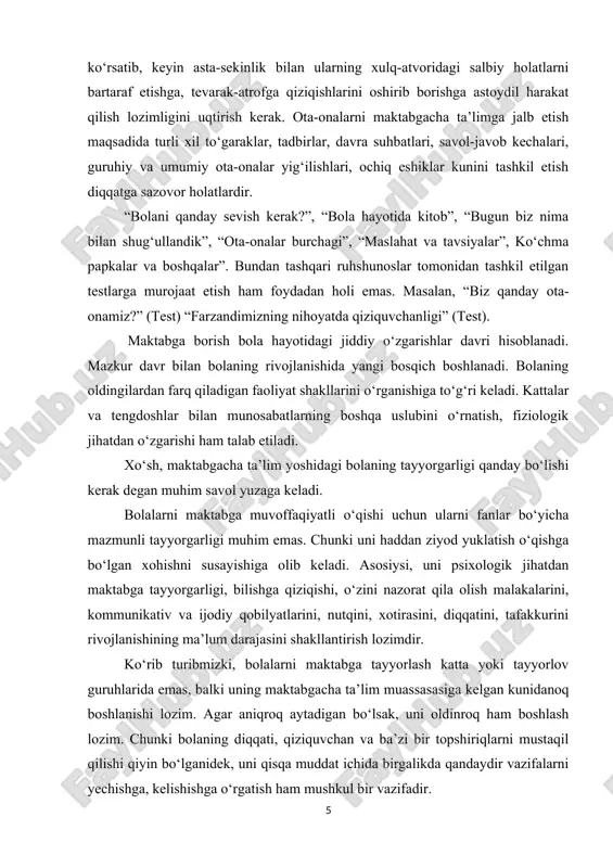 tilgan bo‘lishi lozim. maktabga tayyorgarlikning besh asosiy komponenti: 1. motivatsion tayyorgarlik. 2. irodaviy tayyorgarlik. 3. maktabga ijtimoiy-psixologik jihatdan tayyorgarlik. 4. aqliy tayyorgarlik. 5. o‘qishga layoqat bolalarni maktabga qanday tayyorlash lozim? 1. kichkintoyning maktabgacha ta’lim tashkilotiga jonu-dili bilan borishiga g‘amxo‘rlik qilish. 2. bolaning yoshiga mos me’yorlar va yosh hususiyatlarini inobatga olgan holda talab qo‘yish. 3. bola xatti-harakatlar va so‘zlar orqali sizni mehringizni sezishiga intilish. 4. oilada uning uchun sharoit yaratish. 5. ertak va she’rlar o‘qib berish, rasm chizish. u bilan iloji boricha ko‘proq suhbatlashish, turli mavzularni muhokama qilish. sog‘ligi va kayfiyatini muntazam kuzatib borish. xulosa o‘rnida shuni ta’kidlash joizki, bolani maktab ta’limiga tayyorlashda mtt, maktab, mahalla, oila hamkorligi to‘g‘ri yo‘lga qo‘yilsa, ta’lim tarbiya sifati va samaradorligiga erishish va oldimizga qo‘ygan maqsadni amalga oshirishda muhim ahamiyat kasb etadi. kurs ishining maqsadi: mtt “kuzatuv kengashi” va ularning faoliyatini o’rganib, tahlil qilish kurs ishining vazifasi: · maktabgacha ta’lim tashkilotlari va oila hamkorligini tahlil qilish …