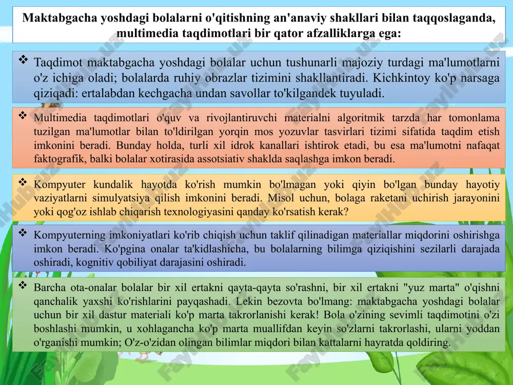 larning kognitiv faolligini rag'batlantiradi; bolaning o'zi hal qilingan o'yinni o'rganish vazifalarining tezligi va sonini tartibga soladi; kompyuterda o'z faoliyati davomida maktabgacha tarbiyachi o'ziga ishonch hosil qiladi, u juda ko'p ish qila oladi; kompyuter juda "sabrli", bolani xatolari uchun hech qachon ta'na qilmaydi, balki uni o'zi tuzatishini kutadi. o'yin o'quv dasturlari maktabgacha yoshdagi bolani mustaqillikka o'rgatadi, o'zini o'zi boshqarish qobiliyatini rivojlantiradi. kichkina bolalar vazifalarni bajarishda va ularning harakatlarini bosqichma-bosqich tasdiqlashda ota-onalarning ko'p yordamini talab qiladilar va avtomatlashtirilgan nazorat bu funktsiyani egallab, onani ozod qiladi. amaliyot shuni ko'rsatadiki, taqdimotlarni yaratish juda ko'p vaqtni oladi, chunki siz kerakli illyustrativ materialni topishingiz, uning joylashuvi, texnik dizayni haqida o'ylashingiz kerak. ma'lumot izlashda o'qituvchilar multimedia ensiklopediyalari yordamiga keladi. ushbu disklarda ular nafaqat rasmlar, videolar, balki bolalar idrokiga moslashtirilgan matnlardan ham foydalanadilar. bir necha yillar davomida doe multimedia vositalari va texnologiyalari loyiha faoliyatida qo'llanilmoqda. multimedia vositalaridan foydalangan holda loyiha faoliyati davomida biz quyidagi vazifalarni hal qilamiz: ijodiy …