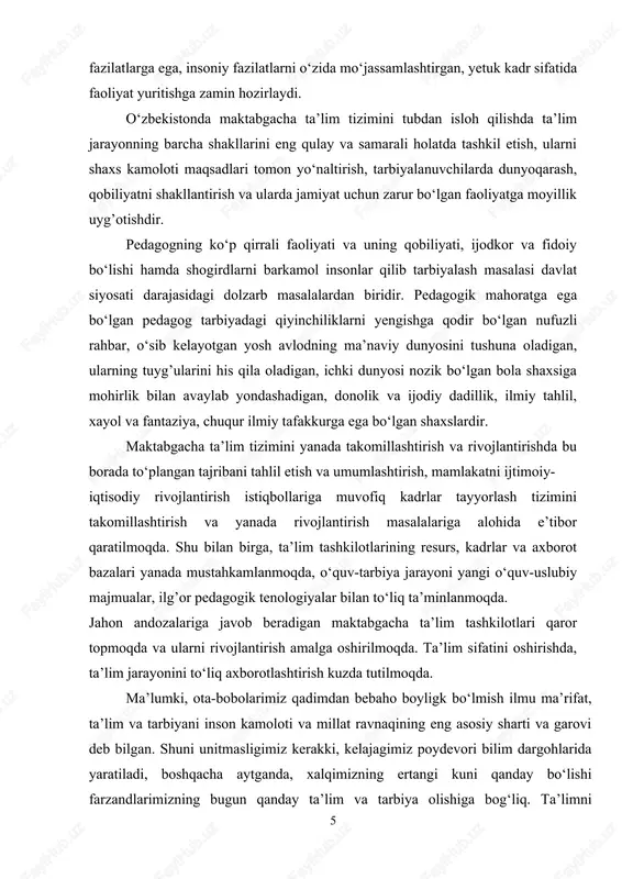 yati xali maxsus o`rganishni talab etmoqda kurs ishining maqsadi: maktabgacha ta’lim tashkilotlarida pedagoglarning kasbiy kompetentligini shakllantirish texnologiyalarini o’rganish kurs ishining vazifalari: 1. maktabgacha ta'lim tashkilotlarida pedagoglarning kasbiy kompetentligini shakllantirish texnologiyalarini taxlil qilish. 2. maktabgacha ta'lim tashkilotlarida pedagoglarning kasbiy kompetentligini shakllantirish texnologiyalarini aniqlash. 3. maktabgacha ta'lim tashkilotlarida pedagoglarning kasbiy kompetentligini shakllantirish texnologiyalarini o’rganish. 4. maktabgacha ta'lim tashkilotlarida pedagoglarning kasbiy kompetentligini shakllantirish texnologiyalari bo’yicha ilmiy-metodik tavsiyalar ishlab chiqish. kurs ishining amaliy ahamiyati: tadqiqot ishidan olingan natijalar maktabgacha ta’lim tashkilotlarida pedagoglaning kasbiy kompetentligini shakllantirishning texnologiylarini takomillashtirishda, ijodiy fikrlashini rivojlantirishda hamda shu sohaga oid ilmiy tadqiqot ishlarida foydalanish mumkin. kurs ishining tuzilishi: dissertatsiya kirish, uch bob, 6 bo‘lim, xulosa va tavsiyalar, foydalanilgan adabiyotlar ro‘yxati hamda ilovadan iboratdir 1. maktabgacha ta’lim tashkilotlarida pedagoglarning kasbiy komnpetentligini shakllantirish muammolari. xxi asr fan-texnika, axborotlashtirish asri bo‘lishligi bilan bugungi jadallashib borayotgan ilm-fan yutuqlari kechagi oldimizga qo‘yilgan rejalarning natijasi sifatida namoyon bo‘lmoqda. bugungi kunda butun dunyoda ro‘y berayotgan globallashuv sharoitida …