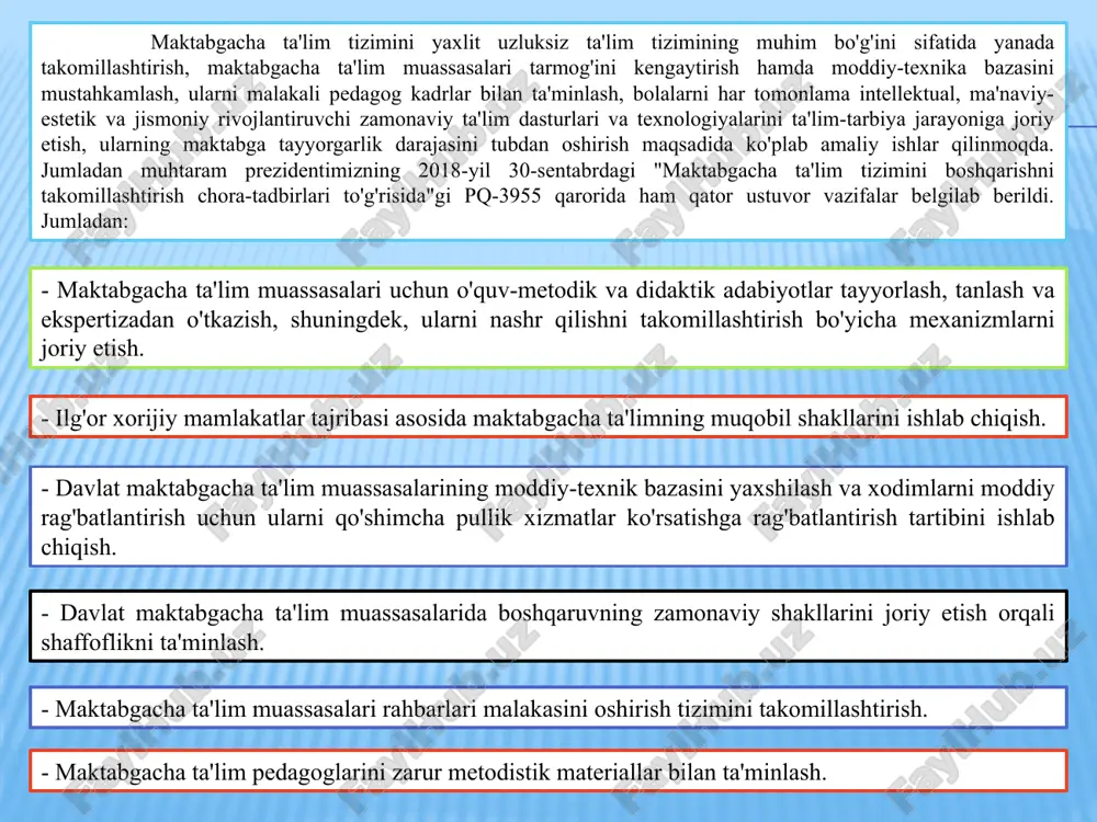 nday dedi: – aksariyat rivojlangan mamlakatlarning ta’lim tizimi nodavlat ta’lim tizimining rivojlanishi bilan bevosita bog‘liq. sababi, raqobat kuchayib borayotganidan so'ng, ilg'or ta'lim texnologiyalari va resurslari sohaga, aynan nodavlat ta'lim tashkilotlari orqali faol kirib kelmoqda. ma’lumotlarga ko‘ra, bugungi kunda respublikamizda 2243 ta xususiy bolalar bog‘chasi, 334 ta xususiy maktab, 53 ta nodavlat oliy ta’lim muassasalari faoliyat ko‘rsatmoqda. . ta’kidlash joizki, sog‘lom raqobat ta’lim sohasida ta’lim sifatini, madaniyatini shakllantiruvchi, o‘z-o‘zini rivojlantirish uchun sharoit yaratuvchi ko‘rinmas kuchdir. bundan tashqari, xususiy sektor davlat ta’lim xizmatlarini ko‘rsatish yukining bir qismini o‘z zimmasiga olib, aholining ta’limga bo‘lgan ehtiyojlarini qondiradi. so‘nggi besh yilda ta’lim tizimida amalga oshirilgan islohotlar natijasida nodavlat ta’lim faoliyatini tashkil etishga qo‘yiladigan talablarga ham bir qator o‘zgarishlar kiritildi. xususan, 2017-yilgacha nodavlat ta’lim sohasida ishlash istagida bo‘lgan tadbirkorlar 9-10 ta hujjat topshirishlari kerak bo‘lgan bo‘lsa, endilikda bu hujjatlar soni 5 taga qisqartirildi. shuningdek, bugundan tadbirkor litsenziya olish uchun ariza bergan taqdirda, uning hujjatlarida kamchiliklar aniqlanmagan …