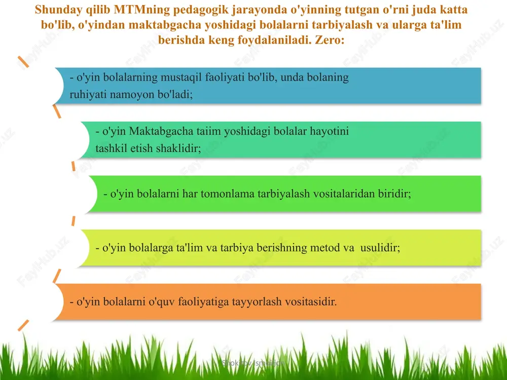 sh imkoniyati bo’lganda kundalik hayotdagi ijtimoiy munosabatlarni, tabiat ob’ektlari va tabiiy hodisalar o’rtasidagi aloqalar va bog’lanishlarni adabiy-badiiy tarzda yoritish muayyan rollarni bajarish orqali bilim, ko’nikmalarni egallash ijodiy o’yin avval o’zlashtirilgan bilim va ko’nikmalarni rivojlantirish imkoniyati bo’lganda muammoli vaziyatlarni avval o’zlashtirilgan bilim va ko’nikmalarni ijodiy qo’llash orqali hal etish ijodiy izlanish orqali yangi mavzuni o’zlashtirish ishbilar-monlar o’yini; auktsion turli ob’ektlarga tavsif berish, ularni taqqoslash imkoniyati bo’lganda jamiyatdagi ijtimoiy-iqtisodiy munosabatlar asosida o’quvchlarning dunyoqarashini kengay-tirish, kasbga yo’llash auktsionda ishtirok etish orqali yangi mavzuni o’zlashtirish konferen-tsiya fanning turli sohalariga oid bilimlar mujassamlashgan va qo’lga kiritilgan yutuqlarni yoritish, fanlararo bog’lanishlarni amalga oshirish imkoniyati bo’lganda qo’shimcha va mahalliy materiallar bilan tanishtirish, ilmiy, ilmiy-ommabop adabiyotlar bilan mustaqil ishlash, yoshlarni mustaqil hayotga tayyorlash, kasbga yo’llash «olimlar» maqomini olib, muayyan mavzularda izlanishlar olib borish matbuot konferen-tsiyasi fanning turli sohalarini qamrab olgan, o’quvchlarning avval o’zlashtirgan bilimlaridan foydalanish lozim bo’lganda qo’shimcha va mahalliy materiallar bilan tanishtirish, darslik, ilmiy-ommabop adabiyotlar bilan mustaqil …