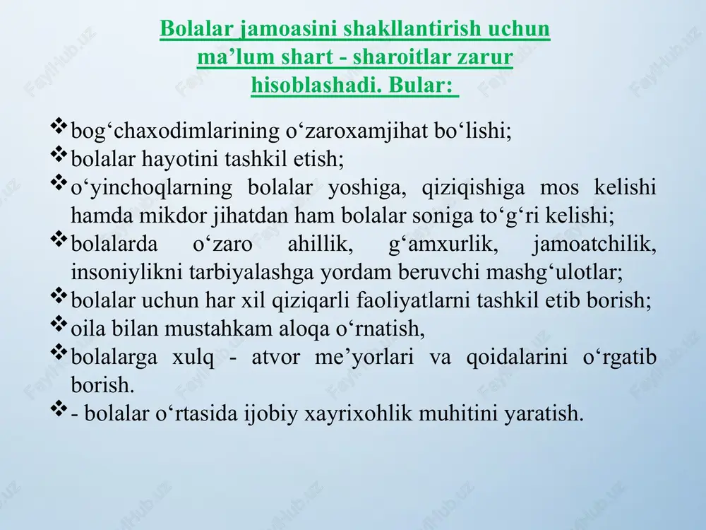 q ular orasidagi jiddiy ziddiyatlar shaxsning ichki mojarolar va negativ qayg’urishlar manbasiga aylanishi mumkin. shaxsning faoliyatiga ko’ra - organizm, ijtimoiy individ yoki shaxs darajasida namoyon bo’lishiga qarab, “men” konsepsiyasining uchta bosqichi ajratiladi: “organizm-muhit” darajasi - jismoniy “men” obraz, (tana sxemasi) organizmning jismoniy samaradorlikga bo’lgan ehtiyoji; “ijtimoiy individ” darajasida – ijtimoy o’zlikni, jins, yosh, etnik fuqarolik, ijtimoiy rol bular shaxsning jamiytga a’zo bo’lishi ehtiyoji bilan bog’langan. “shaxs” darajasida - “men”ning farqlanuvchi obrazi, o’zi haqidagi fikrlarni aniqlash ehtiyojini ta’minlaydigan, boshqa shaxslar bilan solishtirganda o’zi haqida ta’riflovchi fikrlarini va o’zining noyoblik hissini beruvchi, o’zini ko’rsatishga bo’lgan ehtiyojni ta’minlovchi daraja. dasturning maqsadi-maktabgacha yoshdagi bolaning " men " ni shakllantirish, uning shaxsiy tajribasini o'zgartirish asosida o'zini o'zi bilish sub'ekti bo'lish qobiliyati. dastur vazifalari: * maktabgacha tarbiyachining" men " ni faoliyat sub'ekti sifatida shakllantirish; * shaxsiy tajribani o'zgartirish ko'nikmalarini shakllantirish (tahlil qilish, aks ettirish, umumlashtirish, bashorat qilish) o'zimni sub'ekt sifatida qurish uchun; * "men" ning etakchi …