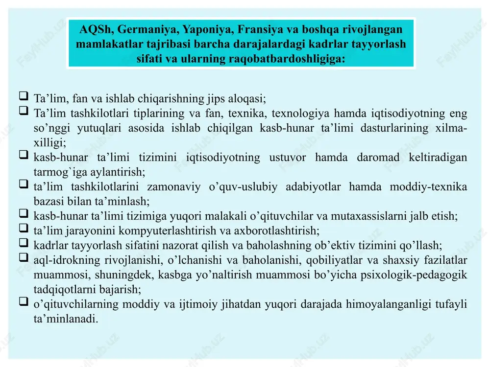 ishi hamda kelgusi faoliyat vazifalari aniq tushunib olinishi; — bunda ushbu vazifalarning shaxsiy maqsadlarga zid boʼlgan qismining har doim yuzaga keladigan qarshilik koʼrsatish omilini hisobga olish; — fikr almashish aniq va xolis axborot ayirboshlash; — amaliy qarorlarni jamoa boʼlib ishlab chiqish va qabul qilish. pedagogik kadrlarni jiddiy qayta tayyorlamasdan, taʼlim tashkilotsini tegishli moddiy-texnika bazasi, moliyaviy, oʼquv-dasturiy taʼminlamasdan turib innovatsion faoliyatni samarali tashkil etib boʼlmaydi. pedagogik tadqiqotlarda innovatsiyalar yangiligini aniqlashga katta eʼtibor beriladi. kiritilayotgan yangiliklar alomatlarining variantlaridan birini keltiramiz (p. shedrovitskiy): — boshqacha koʼrinishda maʼlum boʼlgan tuzilish (birinchi daraja); — maʼlum narsani uncha muhim boʼlmagan oʼzgarishlar bilan takrorlash (ikkinchi daraja); — maʼlum narsani aniqlash, konkretlashtirish (uchinchi daraja); — maʼlum narsani muhim elementlar bilan toʼldirish (toʼrtinchi daraja); — sifat jihatidan yangi obʼektni tashkil etish (beshinchi daraja). taʼlim tashkilotsida uni tizimli tashkil etish yangiliklarni oʼzlashtirishning yana bir oʼziga xos xususiyatidir. bunda quyidagilar muhim tarkibiy qismlar hisoblanadi: — taʼlim tashkilotsining vazifasi, uning yangi maqsadlari …