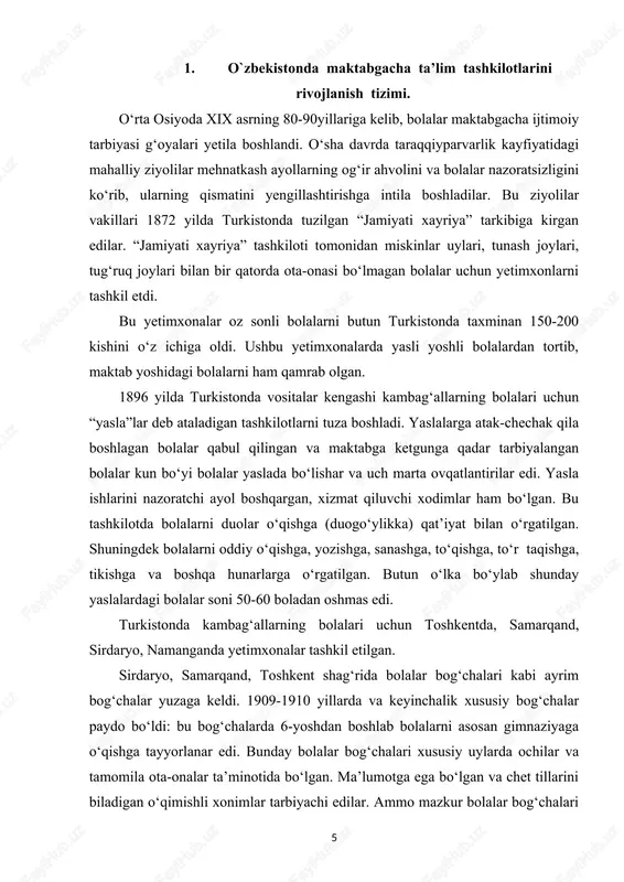 joy qidirish va ularni kerakli jihozlar bilan ta’minlash, tarbiyachilar tanlash va ota-ona o‘rtasida pedagogik tashviqot qilishdan iborat edi. maktabgacha tarbiya butun xalq maorifi tizimining birinchi bo‘g‘ini va tarkibiy qismi bo‘lib qoldi. 1919 yilda qabul qilingan davlat dasturlarida xalq maorifi sohasida: ijtimoiy tarbiyani yaxshilash va xotin-qizlarni ozod qilish maqsadida maktabgacha tarbiya tashkilotlari tarmoqlarini vujudga keltirish haqida fikr yuritildi. davlatning bu umumuiy siyosiy yo‘li asosida turkiston assr maorifi xalq komissarligi oldida davlat maktabgacha tarbiya tashkilotlari tarmoqlarini vujudga keltirish, metodik ko‘rsatmalar ishlab chiqish, kadrlar tayyorlash va boshqa ma’suliyatli vazifalar paydo bo‘ldi. turkistonda dastlabki davlat bolalar bog‘chalari 1918 yilning ikkinchi yarmida tashkil etila boshlandi. 1918 yil 20 oktyabrda turkiston maorifi xalq komissarligi qoshida respublikadagi maktabgacha tarbiya sohasida barcha tadbirlarni amalga oshirish uchun ma’muriy organ sifatida maktabgacha tarbiya bo‘limi tashkil qilindi. xuddi shu yilda viloyat xalq maorifi bo‘limlarining qoshida maktabgacha tarbiya kichik bo‘limlari tashkil qilingan. bu tadbir respublikada maktabgacha tarbiyaning jonlaniga yordam berdi. maktabgcha tarbiya …