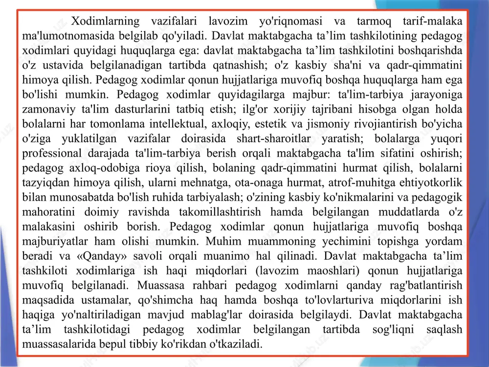 ni ta'minlaydi, ularning sha'ni va qadr-qimmatini himoya qiladi, ilg'or pedagogik va axborot texnologiyalari, mualliflik dasturlari, metodik qo'llanmalar va didaktik materiallar joriy etilishi uchun shart-sharoitlar yaratadi. maktabgacha ta’lim tashkilotilarini shakilantirish. maktabgacha ta’lim tashkilotiga bolalar 3 yoshdan boshlab 6-7 yoshgacha tuman (shahar)lar hokimliklarining qarorlari bilan tashkil etilgan maktabgacha ta'lim bo'limlari huzuridagi qabul qilish komissiyasi tomonidan tegishli tibbiyot xulosasi hisobga olingan holda qabul qilinadi, qabul komissiyasining faoliyat ko'rsatish tartibi belgilangan tartibda o'zbekiston respublikasi maktabgacha ta'lim vazirligi tomonidan tasdiqlanadi. muassislar mahalliy davlat hokimiyati organlari bo'lgan maktabgacha ta’lim tashkilotiga bolalarni qabul qilish komissiyasining qaroriga binoan maktabgacha ta'lim bo'limlarining yo'llanmalari asosida amalga oshiriladi. muassislari boshqa organlar bo'lgan maktabgacha ta’lim tashkilotilariga bolalarni qabul qilish ularning muassislari tomonidan belgilanadigan tartibda amalga oshiriladi. bo'sh o'rinlar mavjud bo'lgan taqdirda ushbu maktabgacha ta’lim tashkilotilari bolalarni maktabgacha ta'lim bo'limlarining yo'llanmalari bo'yicha lozimnoma asosida qabul qilishi mumkin. maktabgacha ta’lim tashkilotiga bolalarni qabul qilish tartibi muassis tomonidan belgilanadi. quyidagi bolalar: - i va ii …