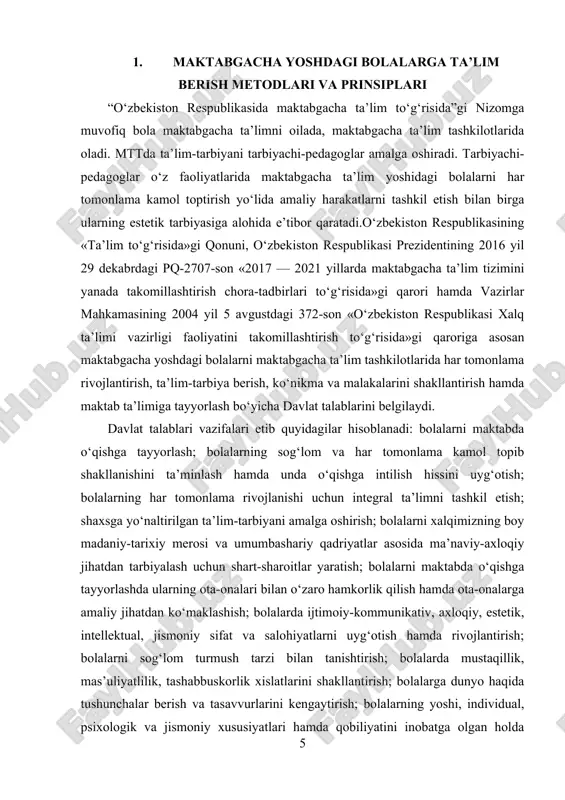doir hamma masalalar hal etiladi. ta’lim – bolalarga izchillik bilan bilim berishni, bu bilimlarni aniqlash va sistemalashtirishni, bilish jarayonlarini, tafakkur faolligini rivojlantirishni nazarda tutadi. ta’lim kuzatuvchanlik, qiziquvchanlik va aqlning singchkovlik, ziyraklik, tanqidiylik kabi sifatlarni rivojlantirishga yordam beradi. ta’lim jismoniy, estetik va mehnat tarbiyasini muvaffaqiyatli amalga oshirish uchun ham zarurdir. mttda bolalarga madaniy – gigienik ko‘nikmalar, asosiy harakatlar o‘rgatiladi, ular madaniy axloqiy qoidalarini o‘zlashtirib oladilar. ta’lim jarayonida bolalarda o‘quv faoliyatlari asoslari hosil qilinadi, ularni maktabda muvaffaqiyatli o‘qish uchun muhim shart-sharoitlar yaratiladi. ta’limni ikki yo‘l bilan amalga oshirish maqsadga muvofiqdir: birinchidan, bolalarni bilim, malaka, ko‘nikmalarni kattalar bilan o‘zaro munosabatda bo‘lishi orqali egallab borishidir. bu muomala mehnat faoliyati va shu kabilar bilan belgilanadi. ikkinchidan, maxsus tayyorgarligi bor kishilarning maxsus o‘quv muassasalarida bolalarni kerakli bilim, malaka, ko‘nikmalardan rejali ravishda xabardor bo‘lib borishidir. bunday yo‘l bilan ta’lim berishdan maqsad yosh avlodni zamonaviy ishlab chiqarishda, jamiyatning ijtimoiy-siyosiy, madaniy hayotida faol qatnashtirish uchun zarur bo‘lgan fan yutuqlari …