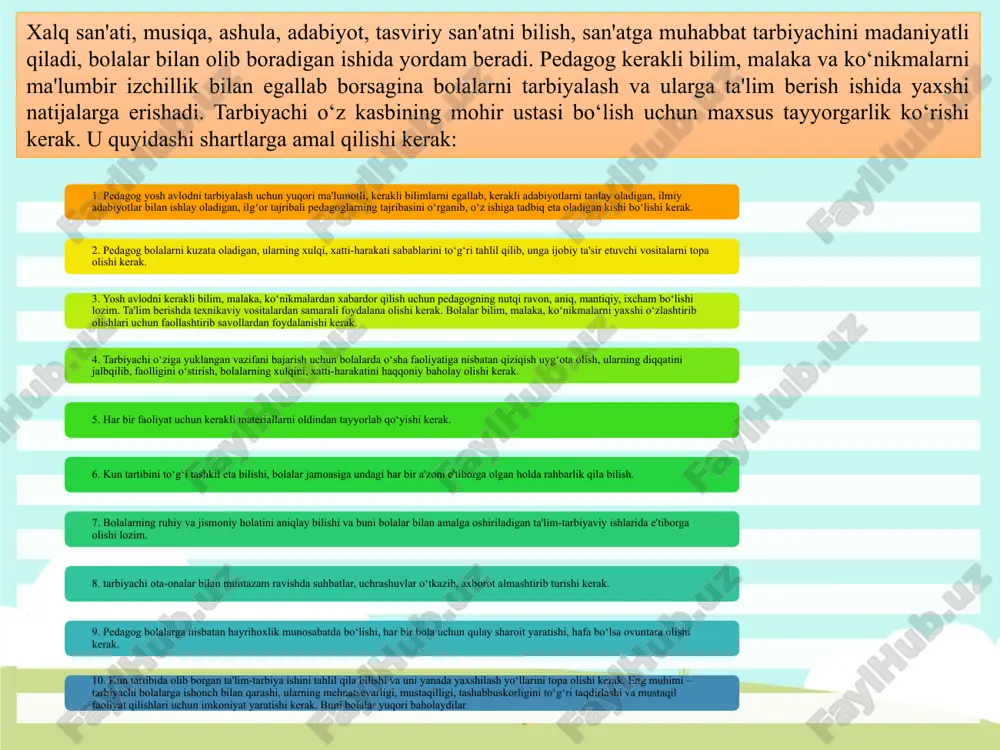 dagogik faoliyatda takomillashib boradi, maxsus mehnat va mashqlar evaziga malaka oshiriladi hamda erishilgan muvaffaqiyatlar tufayli qobiliyat va mahorat shakllanadi. 5. nutq madaniyatiga o‘zbek adabiy tilini mukammal egallash asosida erishiladi. buning uchun o‘qituvchi adabiy til qonuniyatlarini bilishi, badiiy adabiyot asarlarini doimiy o‘qib borishi, she'rlar yod olishi va uni ifodali o‘qiy olishi, radio va televidenie eshittirishlarini kuzatib borishi lozim. 6. nutq madaniyatini egallashning yana bir ko‘rinishi nutqiy taqlid bo‘lib, yosh o‘qituvchilar o‘zidan yaxshiroq, chiroyliroq, ma'noli va ta'sirchan nutq so‘zlaydigan ustoz murabbiylarning nutqiy san'atiga havas bilan qarashi va taqlid qilishi asosida o‘rganishi mumkin. maktabgacha ta’limda bolalar faoliyati tashkil etishda tarbiyachining o’rni mashg‘ulot jadvalini tuzish talablari: 1. mashg’ulotlarni dasturning hamma bo’limlari bo;yicha xaftaga teng taqsimlash. 2. haftaning biribchi va oxirgi kunlariga osonroq mashg’ulotlarni rejalashtirish 3. kun davomida birinchi bo’lib bolalardan aqliy zo’r berishni talab etadigan mashg’ulotlarni rejalashtirish(matematika, ona tili, tevarak atrof bilan tanishtirish), ikkinchi bo'lib yengilroqlarini rejalashtirish (tasviriy faoliyat, musiqa) tarbiyachining malaka talablari va …