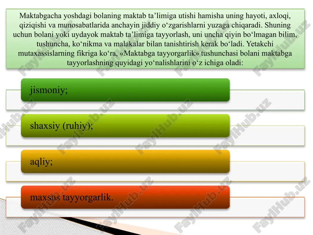 malakalari. bilish jarayonining rivojlanishi. ijodiy rivojlanish. davlat talablarining maqsadi: mamlakatning ijtimoiy va iqtisodiy taraqqiyoti istiqbollaridan, jamiyat ehtiyojlaridan, fan, texnika va tehnologiyaning zamonaviy yutuqlaridan kelib chiqib maktabgacha ta’lim tizimi faoliyatini yo‘lga qo‘yish; sifatli ta’lim ko‘rsatish xizmatlari, ta’lim va kadrlar tayyorlash sohasida shaxs, jamiyat va davlatning manfaatlarini himoya qilish; kadrlar tayyorlash sifati va ta’lim faoliyatining tartibini belgilash; bola shaxsi asoslarini shakllantirish hamda uning bilim olishga bo‘lgan qiziqishlarini rivojlantirish; bolaning intellektual shaxs sifatida va jismoniy rivojlanishini ta’minlash; bolalarni milliy madaniyat va umuminsoniy qadriyatlar bilan tanishtirish; bolalarni maktab ta’limiga tayyorlashdir. 5 yoshdan 7 yoshgacha bo‘lgan bolalarning nutq, muloqot, o‘qish va yozish malakalari sohasi rivojlanishiga quyidagicha davlat talablari qo‘yiladi: bola nutqni tinglash va tushunish qobiliyatiga ega bo‘lishi; bola so‘zlashish va muloqot qilishga qodir bo‘lishi; oddiy tahlil va sintez qilish ko‘nikmalarini rivojlantirish; lug‘atni faollashtirish; nutqning grammatik tuzilishini shakllantirish; bog‘lanishli nutqni shakllantirish; ijodiy hikoya qilishni shakllantirish lozim. bu kabi talablarni bajarishda quyidagi ko‘rsatkich (indikator) larga e’tibor qaratiladi: …
