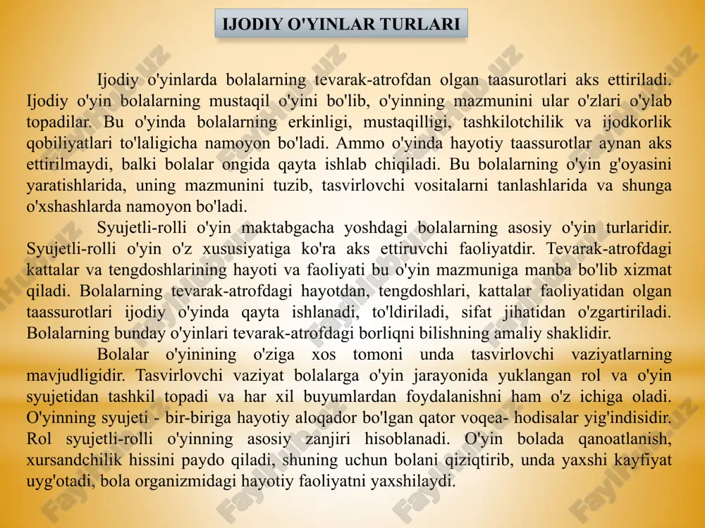faoliyati mustaqil texnologiya sifatida ishlatilishi mumkin: - o'rganilgan materialning mavzusi yoki mazmunini o'zlashtirish; - ta’limiy faoliyat yoki uning bir qismi sifatida (kirish, tushuntirish, mustahkamlash, mashqqilish, nazorat qilish); - maktabgacha ta'lim tashkiloti xodimlari tomonidan tuzilgan ta'lim dasturi doirasida. o'yin texnologiyasining asosiy maqsadi – maktabgacha ta'lim tashkiloti faoliyatining shartlariga va bolalarning rivojlanish darajasiga qarab, faoliyat ko'nikma va malakalarini shakllantirish uchun to'laqonli motivatsion asos yaratish. uning vazifalari: 1. bolaning o'z faoliyati hisobiga yuqori darajadagi motivatsiyaga, bilim va ko'nikmalarni o'zlashtirishga ongli ehtiyojga erishish. 2. bolalar faoliyatini faollashtiruvchi va uning samaradorligini oshiruvchi vositalarni tanlash. ammo har qanday pedagogic texnologiya singari, o'yin texnologiyasi ham quyidagi talablarga javob berishi kerak: 1. texnologik diagramma - bir –biri bilan mantiqan bog'langan funktsional elementlarga bo'linish bilan texnologik jarayonning tavsifi. 2. ilmiy asos - ta'lim maqsadlariga erishishning ma'lum ilmiy kontseptsiyasiga tayanish. 3. muvofiqlik – texnologiy amantiqqa, barcha qismlarning o'zaro bog'liqligiga, yaxlitlikka ega bo'lishi kerak. 4. boshqarish qobiliyati – natijalarni to'g'rilash uchun …
