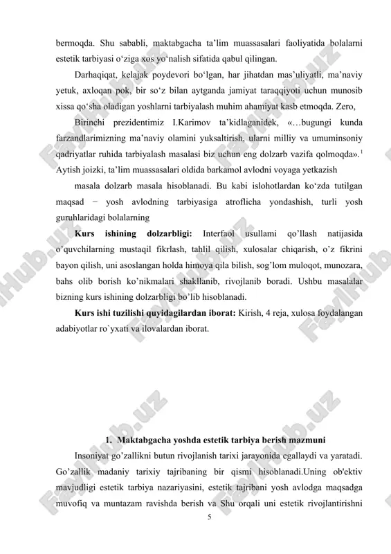 ng o’sib borishi jarayonida insonning o’zi ham ma'naviy boyib, hayoti yanada sermazmun bo’ladi. yashayotgan zamoniga nisbatan mehr-muhabbati ortib boradi. bularning hammasi har bir insonda go’zallikni xunukdan, jirkanchlikdan farq qila bilish qobiliyatini shakllantiradi, uni yanada rivojlantiradi. estetik tarbiya bugungi kunda shunisi bilan muhimki, did-farosatlilik mehnatda, ishlab chiqarishda, kundalik amaliy faoliyatda - har bir inson uchun hayotiy shioriga aylanib qolgan. donolardan biri go’zallik axloq-odobning tug’ishgan singlisidir, degan edi. darhaqiqat, odob va nafosat tarbiyasi o’zaro chambarchas bog’liq holda amalga oshiriladi. chunki nafosat tarbiyasining natijasi axloq-odobda, chiroyli xatti-harakat, go’zal munosabatda va hayotga, kelajakka, insonlarga, tabiatga muhabbatda ko’rinadi. xalqimiz «kamtarlik ham husn» deydi. mana shu birgina iborada chuqur ma'no bor. estetik tarbiya orqali yoshlarda kamtarlik hislati tarkib topadi. bu hislat kishilarning eng go’zal belgisidir.salbiy xatti-harakatlardan nafratlana bilish tuyg’usini ham estetik tarbiyani paydo qiladi. bunda badiiy asarlarning roli muhimdir. masalan: «zumrad va qimmat» ertagida qimmatning xulq-atvori bolalar qalbida nafratni uyg’otadi. zumradning tevarak-atrofga munosabati, mehnatsevarligi, kamtarligi qalblarda …
