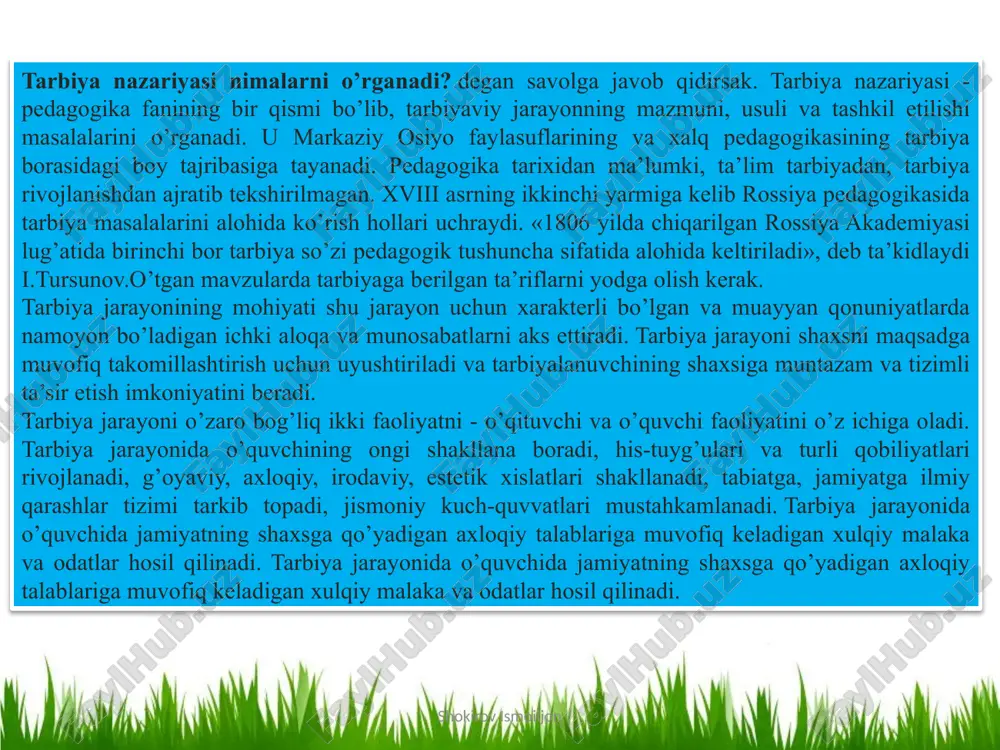iymatga ega, lekin ularni yaratish orqali bola madaniyat olamiga qo'shiladi. hammasi emas "rassom bolalari" kelajakda rassom va haykaltarosh bo'lishadi, lekin ular o'zlarini yanada nozik his qilish, atrofidagi dunyoni va undagi o'zlarini yaxshiroq tushunish uchun noyob qobiliyatga ega bo'ladilar.yaratish istagi bolaning ichki ehtiyoji bo'lib, unda mustaqil ravishda paydo bo'ladi va o'ta samimiylik bilan ajralib turadi. va biz, kattalar, bolaga rassomni o'zida kashf etishga, uning shaxs bo'lishiga yordam beradigan qobiliyatni rivojlantirishga yordam berishga tayyor bo'lishimiz kerak. musiqa insonga ajoyib ta'sir kuchiga ega va shuning uchun u bolaning ichki rivojlanishi uchun eng go'zal va juda kuchli vositalardan biridir. bola musiqani hayotdagi haqiqiy voqealarni boshdan kechirgandek his qiladi. va musiqa orqali bola o'z his-tuyg'ularini ifodalashni o'rganadi. musiqa bilan do'stlik, bolalar hali ham har qanday bilimga ochiq bo'lganda, imkon qadar erta boshlanishi kerak. chiroyli, zukko, sog‘lom farzand ko‘rish – u bilan birga bo‘lgan, uning kelajagi haqida qayg‘uradigan, qayg‘uradigan har bir insonning xohishidir. dadalar va onalar, …