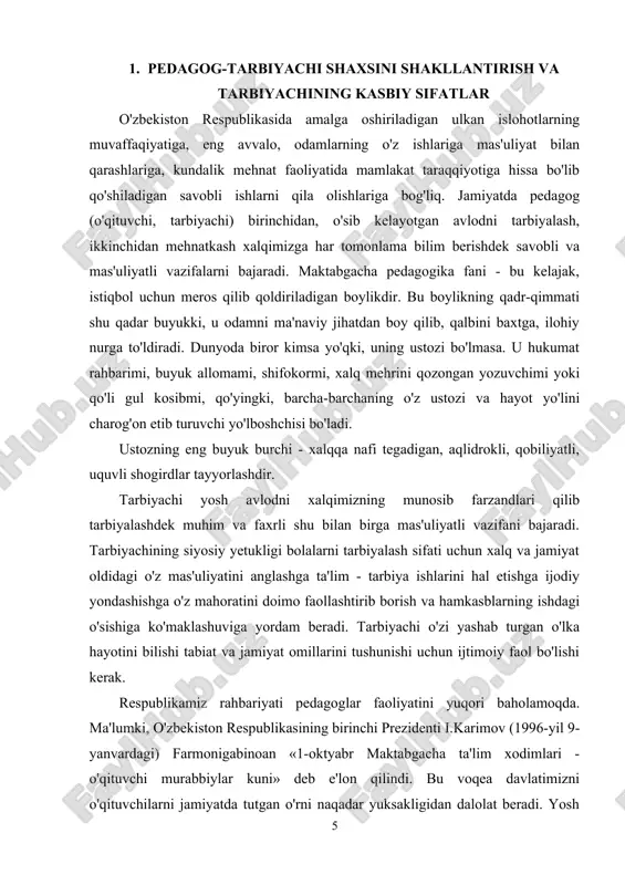 gan tajribali o'qituvchilar ham tarbiyachilik mahoratiga zamin yaratuvchi quyidagi jarayonlarni bilishi kerak: · har qanday pedagogik vaziyatlarda o'quvchining ichki va tashqi dunyosini to'g'ri tushunish malakasi; · pedagogik vaziyatlarni to'g'ri idrok qilish uchun diqqatni jamlash; · tarbiyalanuvchilarga ishonch va talabchanlik; · tarbiyaviy vaziyatni har tomonlama puxta baholay olish qobiliyati; · xilma-xil pedagogik taktlardan o'zi uchun eng muhimini ajrata olish qobiliyati; · ziddiyatli tasodifiy holatlarda ikkilanmasdan to'g'ri qaror qabul qilish; · tarbiyada ta'sir etishning turli usullaridan foydalana olish qobiliyati; · fikr va mulohazalarini so'z bilan, mimika va pantomimik · harakatlar bilan o'quvchi ongiga aniq yetkaza olish; · dars va darsdan tashqari faoliyatda o'quvchilar bilan kommunikativ aloqa o'rnata olish qobiliyati; · o'quvchilar ongida erkinlik va tashabbuskorlikni, o'z fikr · mulohazalarini qo'rqmasdan bayon qilish ko'nikmalarini tarbiyalash; · qiyin holatlarda o'quvchilarga yordam bera olish; tarbiyaviy tadbirlarni o'tkazishda o'quvchilar jamoasi bilan doimo maslahatlashish; · o'tkazilayotgan tarbiyaviy tadbirlar yuzasidan bolalarning fikrlarini o'rganish; · o'z-o'zini boshqarishning turli shakllaridan …