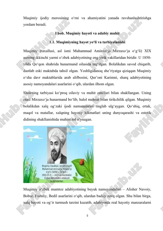 lgilab berdi. muqimiy yoshlik chog‘idan xalq og‘zaki ijodi, qo‘shiqlar, ertaklar, maqollar va xalqona hikoyatlardan ta’sirlangan. bu holat uning ijodiy dunyoqarashini shakllantirgan va keyinchalik asarlarida xalqona til va obrazlardan keng foydalanishiga sabab bo‘lgan. shoir mumtoz adabiyot vakillari – navoiy, fuzuliy, bedil ijodi bilan ham yaqindan tanish bo‘lib, ularning g‘oyaviy-badiiy tajribasini o‘z asarlariga tatbiq qilgan. adabiy muhitda muqimiy o‘zining zamondoshlari – furqat, zavqiy, sidqiy xondayliqiy kabi ijodkorlar bilan do‘stona munosabatda bo‘lgan. ularning barchasi bir maqsad – xalqni jaholatdan chiqarish, ilm-ma’rifatga undash, adolatsizlikka qarshi kurashish yo‘lida ijod qildilar. shuning uchun ham muqimiy asarlarida satira va hajv kuchli bo‘lib, ular o‘z davridagi ijtimoiy muhitni ko‘rsatishda qudratli vositaga aylangan. muqimiy hayoti va adabiy muhiti uning shaxsiy dunyoqarashi bilan ham uyg‘unlashgan. u xalq ichida yashab, ularning tashvishlarini, dardlarini bevosita kuzatgan. shu bois uning she’rlarida samimiylik, xalq hayotiga yaqinlik, adolatparvarlik g‘oyalari ustunlik qiladi. aynan shunday hayotiylik va xalqchil ruh muqimiyni o‘zbek adabiyotida alohida o‘ringa ega bo‘lgan ijodkor …