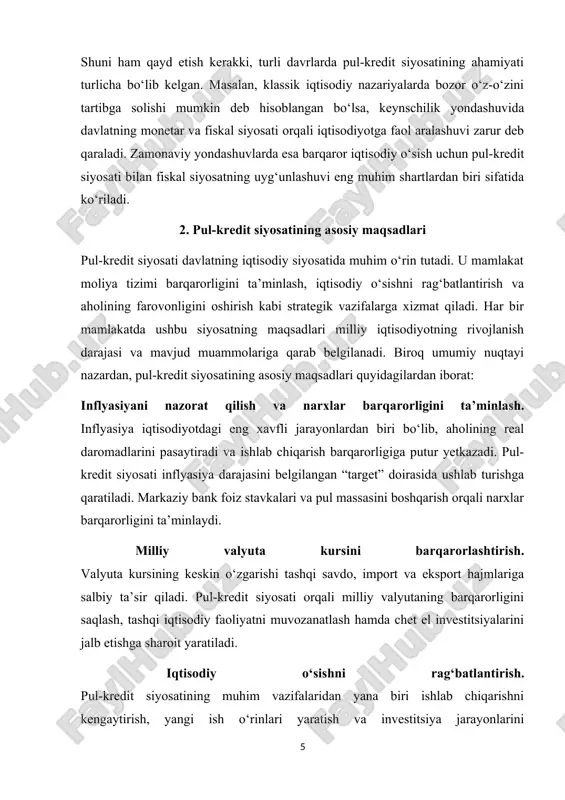 pul-kredit siyosatining asosiy maqsadlari quyidagilardan iborat: inflyasiyani nazorat qilish va narxlar barqarorligini ta’minlash. inflyasiya iqtisodiyotdagi eng xavfli jarayonlardan biri bo‘lib, aholining real daromadlarini pasaytiradi va ishlab chiqarish barqarorligiga putur yetkazadi. pul-kredit siyosati inflyasiya darajasini belgilangan “target” doirasida ushlab turishga qaratiladi. markaziy bank foiz stavkalari va pul massasini boshqarish orqali narxlar barqarorligini ta’minlaydi. milliy valyuta kursini barqarorlashtirish. valyuta kursining keskin o‘zgarishi tashqi savdo, import va eksport hajmlariga salbiy ta’sir qiladi. pul-kredit siyosati orqali milliy valyutaning barqarorligini saqlash, tashqi iqtisodiy faoliyatni muvozanatlash hamda chet el investitsiyalarini jalb etishga sharoit yaratiladi. iqtisodiy o‘sishni rag‘batlantirish. pul-kredit siyosatining muhim vazifalaridan yana biri ishlab chiqarishni kengaytirish, yangi ish o‘rinlari yaratish va investitsiya jarayonlarini kuchaytirishga ko‘maklashishdir. buning uchun markaziy bank ekspansion siyosat choralarini qo‘llab, foiz stavkalarini pasaytiradi va kreditlash hajmini oshiradi. moliyaviy barqarorlikni ta’minlash. bank-moliya tizimining mustahkamligi iqtisodiy o‘sishning kafolatidir. pul-kredit siyosati tijorat banklari faoliyatini tartibga solish, kredit risklarini kamaytirish va likvidlikni qo‘llab-quvvatlash orqali moliyaviy tizim barqarorligini …