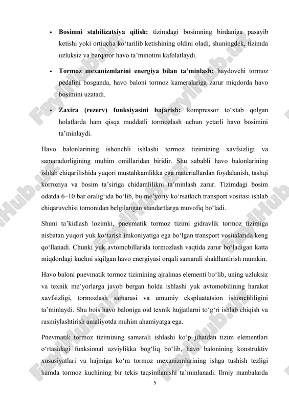 a’minlash uchun havo balonida havo sifatini nazorat qilish muhim ahamiyat kasb etadi. siqilgan havoda namlik, chang va yog‘ aralashmalarining mavjudligi ichki korroziya jarayonlarini tezlashtirishi, klapanlar ishlash mexanizmini ishdan chiqarishi va natijada bosimning keskin pasayishiga olib kelishi mumkinligi ilmiy adabiyotlarda ta’kidlanadi. shu sababli havo balonlarida kondensatni chiqarish uchun maxsus purjish (zarbli tushirish) ventillari o‘rnatiladi. zamonaviy yuk avtomobillarida esa kondensatni avtomatik ravishda chiqarib turuvchi qurilmalar qo‘llanilishi pnevmatik tizimning xizmat muddatini sezilarli ravishda oshiradi. pnevmatik tizimning normal ishlashi uchun havo balonida bosimning optimal diapazonini saqlash zarur. manbalarda qayd etilishicha, tizimdagi bosimning normadan past bo‘lishi tormozlash masofasining ortishiga, ortiqcha bo‘lishi esa tizim elementlarining tez eskirishi va avariyaviy holatlar yuzaga kelishiga olib keladi. shu sababli har bir balon bosimni nazorat qiluvchi xavfsizlik valfi bilan jihozlanadi. valf tizim bosimi belgilangan me’yordan oshgan holatlarda havoning ma’lum qismini tashqi muhitga chiqarish orqali tizimni himoya qiladi. pnevmatik tormoz tizimida havo balonining joylashuvi ham muhim konstruktiv omillardan biridir. ilmiy adabiyotlarda …
