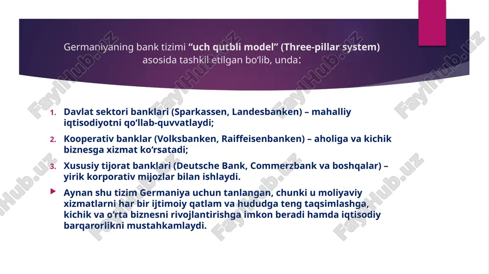 tizimi to‘g‘risidagi qonunlar asosida olib boriladi. xulosa: germaniya iqtisodiy-moliyaviy siyosati o‘zining barqarorlik, tizimlilik va uzoq muddatli strategik rejalashtirishga asoslanganligi bilan ajralib turadi. mamlakat iqtisodiyoti sanoat, texnologiya va innovatsiyalarni rivojlantirishga yo‘naltirilgan bo‘lib, davlat moliya siyosatida ijtimoiy adolat va fiskal intizomni muvozanatda olib boradi. germaniya byudjet siyosatida qarz yuklamasini kamaytirish, investitsion muhitni yaxshilash va eksportni qo‘llab-quvvatlashga katta e’tibor beradi. germaniyaning xalqaro iqtisodiy maydondagi faolligi, yevropa ittifoqi va global moliyaviy institutlar bilan hamkorligi uning iqtisodiy qudratini yanada mustahkamlamoqda. ushbu siyosat natijasida germaniya nafaqat yevropaning, balki butun dunyoning iqtisodiy rivojlanishida muhim o‘rin egallab kelmoqda. image1.jpeg image2.png image3.png image4.png image5.png image6.png image7.png /docprops/thumbnail.jpeg