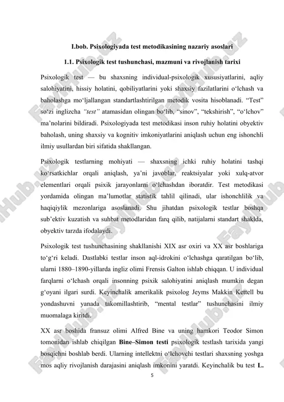 ar bilan chambarchas bog‘liq bo‘lib, onlayn testlash, adaptiv testlar, sun’iy intellekt yordamida diagnostika kabi yangi shakllar paydo bo‘lmoqda. shu bilan birga, zamonaviy testlar madaniyatlararo moslashtirish, axborot xavfsizligi, maxfiylik, test etikasi kabi masalalarni ham o‘z ichiga oladi. shunday qilib, psixologik test tushunchasining rivojlanish tarixi inson ruhiyatini obyektiv o‘rganish yo‘lidagi izlanishlar natijasidir. uning mazmuni vaqt o‘tishi bilan kengayib, hozirgi kunda shaxsni har tomonlama baholashning asosiy ilmiy vositalaridan biriga aylangan. ammo test metodikasining ilmiy mukammallashuvi bilan bir qatorda, u bilan bog‘liq dolzarb muammolar — metodik aniqlik, standartlashtirish, madaniy omillar va natijalarning talqini — hanuzgacha psixologik tadqiqotlarning muhim yo‘nalishlaridan biri bo‘lib qolmoqda. psixologik testlashning tarixiy rivoji davomida uning metodologik asoslari va mazmuni sezilarli darajada o‘zgarib bordi. dastlab testlar asosan intellektual qobiliyatlarni o‘lchashga qaratilgan bo‘lsa, keyinchalik shaxsning hissiy, ijtimoiy va xulqiy jihatlarini baholovchi turli yo‘nalishdagi testlar ishlab chiqila boshlandi. psixologiyada testlash nazariyasining shakllanishi xx asrning o‘rtalariga to‘g‘ri keladi. bu davrda psixometriya fani alohida yo‘nalish sifatida …