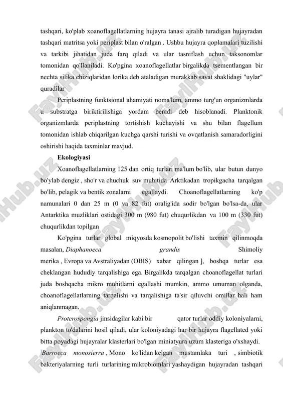 iotik bakteriyalarning turli turlarining mikrobiomlari yashaydigan hujayradan tashqari matritsaning tarvaqaylab ketgan tarmog'i bilan to'ldirilgan sharlarni hosil qiladi . 2019-yil oktabr oyida olimlar xoanoflagellatlarning yangi tasma harakatini topdilar: ular yorugʻlikka javob berishni muvofiqlashtira oladi. [ xoanoflagellatlar bakteriyalar bilan oziqlanadi va boshqa yo'l bilan erishib bo'lmaydigan uglerod shakllarini trofik zanjirda yuqoriroq organizmlar bilan bog'laydi. hatto bugungi kunda ular uglerod aylanishi va mikrobial oziq-ovqat tarmog'ida muhim ahamiyatga ega choanoflagellatlarning viruslar bilan ham bayram qilishiga oid ba'zi dalillar mavjud. metchnikoff tomonidan choanoflagellat koloniyasining chizilgani , 1886 yil 2. tuzilishi va hayot faoliyati tanasi va organellari: haonaflagelatalar – yagona hujayrali, mikroskopik organizmlar bo‘lib, ularning tanasi odatda dumaloq yoki sharcha shaklida bo‘ladi. hujayra yuzasi atrofida joylashgan yoqa organellasi (collar) – bu bir qator mikrovilluslardan iborat bo‘lib, u suvdagi oziq zarrachalarni tutish va yo‘naltirishda muhim rol o‘ynaydi. hujayrada yagona flagella mavjud bo‘lib, u hujayraning asosiy harakatlanish organellasi sifatida xizmat qiladi. flagella hujayra ichidagi suvni yo‘naltirish va oziq …