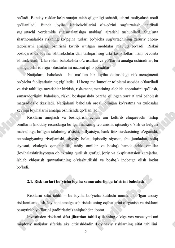 ja va dasturlar asosida aniq tashkiliy-texnik tadbirlar ko’rib chiqiladi. bu bosqichda quyidagi tadbirlar amalga oshiriladi: risklar monitoringi; riskni istiqbolini belgilash; taxdid soluvchi xatarlar haqida rahbarlarga ma’lumot berish va bu bilan bog’liq ko’rsatmalarni ishlab chiqish; riskni oldini olish va nazorat qilish dasturi doirasida maxsus tashkiliy-texnik tadbirlar. ta’kidlash joizki, shunday risklar mavjud bo’ladiki, ularni oldini olish yoki kamaytirish mumkin emas, ya’ni ular loyiha ishtirokchilari ta’siridan tashqarida bo’ladi. bunday risklar ko’p xarajat talab qilganligi sababli, ularni moliyalash usuli qo’llaniladi. bunda loyiha ishtirokchilarini o’z-o’zini sug’urtalash, tajribali sug’urtachi yordamida sug’urtalanishga mablag’ ajratishi tushuniladi. sug’urta shartnomalarida riskning ko’pgina turlari bo’yicha sug’urtachining zaruriy chora- tadbirlarni amalga oshirishi ko’rib o’tilgan moddalar mavjud bo’ladi. riskni boshqarishda loyiha ishtirokchilaridan tashqari sug’urta tashkilotlari ham bevosita ishtirok etadi. ular riskni baholashda o’z usullari va yo’llarini amalga oshiradilar, bu amalga oshirish reja - dasturlarini nazorat qilib boradilar. natijalarni baholash - bu ma’lum bir loyiha doirasidagi risk-menejmenti bo’yicha faoliyatlarining yig’indisi. u keng ma’lumotlar to’plami …