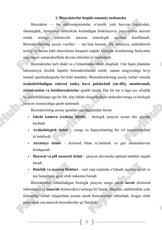 mini samarali boshqarish uchun bir qator texnologik parametrlar muhim rol o‘ynaydi. ularga quyidagilar kiradi: · harorat – hujayralar faolligiga va fermentlar faoliyatiga bevosita ta’sir ko‘rsatadi. optimal haroratni saqlash mikroorganizmlarning barqaror o‘sishini ta’minlaydi. · ph darajasi – ozuqa moddalarning so‘rilishi, fermentlar faoliyati va mahsulot hosil bo‘lishiga katta ta’sir ko‘rsatadi. · aralashtirish tezligi – muhitda bir xil sharoit yaratish, gaz va substratlarning teng taqsimlanishini ta’minlaydi. · aeratsiya (kislorod berish) – aerob jarayonlarda hayotiy muhim ahamiyatga ega bo‘lib, hujayralarga etarli miqdorda kislorod yetkazib beradi. · substrat konsentratsiyasi – hujayralarning o‘sish sur’atini belgilaydi, ortiqcha yoki yetishmovchiligi jarayon sifatini pasaytiradi. optimallashtirish jarayoni ko‘pincha ikki bosqichda amalga oshiriladi: 1. statik optimallashtirish – mavjud tajriba ma’lumotlari asosida eng maqbul parametrlar tanlanadi. 2. dinamik optimallashtirish – jarayon real vaqt rejimida kuzatilib, o‘zgaruvchan sharoitlarga mos ravishda avtomatik boshqaruv tizimi orqali parametrlar sozlanadi. zamonaviy biotexnologiyada optimallashtirish uchun turli matematik algoritmlar va sun’iy intellekt usullari keng qo‘llanilmoqda. masalan, genetik algoritmlar, neyron …