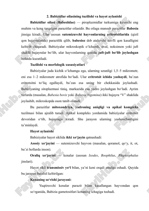 ina — qoramollarda eng keng tarqalgan turi, · babesia canis — itlarda uchraydigan turi, · babesia equi — otlarda kasallik keltirib chiqaradi, · babesia microti — ayrim hollarda insonlarga yuqadi. parazitlar kenalar orqali hayvon organizmiga kiradi. yuqtiruvchi kene kasallangan hayvonni chaqqanda parazitlarni o‘z organizmiga oladi va keyingi bosqichda sog‘lom hayvonni chaqqanda ularni so‘lak bezlari orqali yangi xo‘jayinga o‘tkazadi. kenalarning organizmida parazitlar ko‘payadi va o‘z avlodlariga o‘tadi, ya’ni kene tuxumlari orqali keyingi avlod kenalar ham yuqtiruvchi bo‘lib qoladi. shu sababli babesiozning tabiiy o‘choqlarida bu parazit yillar davomida saqlanib qoladi. kasallikning kechishi va klinik belgilar babesioz kasalligining yashirin davri (ya’ni parazit kirganidan kasallik alomatlari paydo bo‘lguncha bo‘lgan vaqt) 5–15 kun atrofida davom etadi. kasallikning og‘irligi hayvonning turi, yoshi, immunitet darajasi va yuqtirilgan parazit turiga bog‘liq. klinik belgilari quyidagilardan iborat: hayvonda yuqori isitma (40–42°c gacha) kuzatiladi. holsizlanish, ishtahaning yo‘qolishi, ko‘p yotish, yurak urishining tezlashuvi kuzatiladi. qon aylanish tizimi buziladi, chunki parazitlar eritrotsitlarni parchalab …