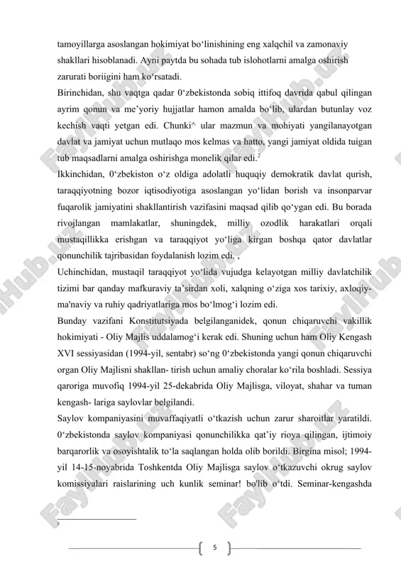 yo‘lidan borish va insonparvar fuqarolik jamiyatini shakllantirish vazifasini maqsad qilib qo‘ygan edi. bu borada rivojlangan mamlakatlar, shuningdek, milliy ozodlik harakatlari orqali mustaqillikka erishgan va taraqqiyot yo‘liga kirgan boshqa qator davlatlar qonunchilik tajribasidan foydalanish lozim edi. , uchinchidan, mustaqil taraqqiyot yo‘lida vujudga kelayotgan milliy davlatchilik tizimi bar qanday mafkuraviy ta’sirdan xoli, xalqning o‘ziga xos tarixiy, axloqiy-ma'naviy va ruhiy qadriyatlariga mos bo‘lmog‘i lozim edi. bunday vazifani konstitutsiyada belgilanganidek, qonun chiqaruvchi vakillik hokimiyati - oliy majlis uddalamog‘i kerak edi. shuning uchun ham oliy kengash xvi sessiyasidan (1994-yil, sentabr) so‘ng 0‘zbekistonda yangi qonun chiqaruvchi organ oliy majlisni shakllan- tirish uchun amaliy choralar ko‘rila boshladi. sessiya qaroriga muvofiq 1994-yil 25-dekabrida oliy majlisga, viloyat, shahar va tuman kengash- lariga saylovlar belgilandi. saylov kompaniyasini muvaffaqiyatli o‘tkazish uchun zarur sharoitlar yaratildi. 0‘zbekistonda saylov kompaniyasi qonunchilikka qat’iy rioya qilingan, ijtimoiy barqarorlik va osoyishtalik to‘la saqlangan holda olib borildi. birgina misol; 1994-yil 14-15-noyabrida toshkentda oliy majlisga saylov o‘tkazuvchi okrug saylov …
