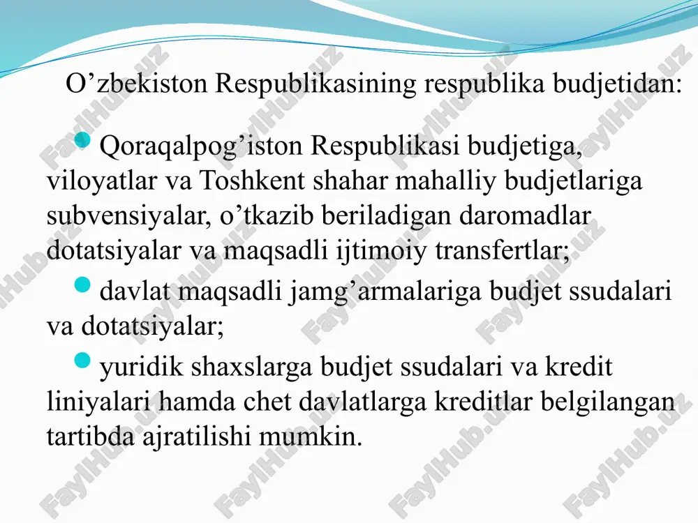 0 yillik muddat bilan aqsh dollarida va 3 yillik muddat bilan oʼzbek soʼmida — chiqarish va london fond birjasida joylashtirish boʼyicha boshlangʼich foiz stavkalar, mos ravishda, 4.25% atrofida va 15.25% atrofida belgilandi. moliya vazirligining xabar berishicha, buyurtmalar joylashtirilgandan keyin, ularning hajmi ikki soat ichida dollar va soʼmdagi obligatsiyalar uchun mos ravishda, 1,6 mlrd dollar va 1,9 trln soʼmni tashkil etdi. savdo yakunlari boʼyicha, xalqaro obligatsiyalarning hajmi va foiz stavkalari quyidagicha belgilandi: 10 yillik aqsh dollari transhi: 555 mln dollar 3,70% kupon bilan (dastlabki foiz stavkadan 0,55% past); 3 yillik oʼzbek soʼmi transhi: 2 trln soʼm 14,50% kupon bilan (dastlabki foiz stavkadan 0,75% past). ichki qarz 23 mudofaa va huquqni muhofaza qiluvchi organlarni saqlash, moddiy-texnika bazasini mustahkamlash uchun 2021-yilda 1,43 trln so‘m ($133,7 mln) yo‘naltirildi. iyunda senatorlar kuch ishlatar tuzilmalar xodimlarini moddiy ta’minlash, qo‘shimcha shtatlar ajratish va moddiy-texnik bazasini mustahkamlash uchun 1,1 trln so‘m ajratishni ham ma’qulladi. image2.png image3.png image4.png image5.png …
