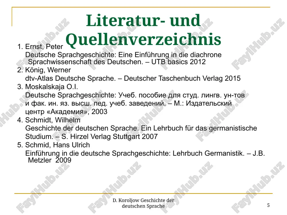 b. durch entlehnungsprozesse). 21 d. koroljow geschichte der deutschen sprache entsprechend der soziopragmatischen theorie (peter von polenz 1978) ist die sprache grundsätzlich variabel und im kommunikativen vollzug ständiger variation unterworfen, die einen permanenten normwandel bedingt. vier faktoren bestimmen im sprachvollzug miteinander den wandel der sprache: ökonomie (streben nach kürze), innovation (streben nach neuerungen), variation (streben nach alternativen) und evolution (einfluss gesellschaftlicher kräfte). 22 d. koroljow geschichte der deutschen sprache deutsche sprachgeschichte: gegenstand, aufgaben und methoden der sprachgeschichtsschreibung nach auffassung wilhelm schmidts hat die sprachgeschichte wie die sprachwissenschaft „die aufgabe, sprache und sprachgebrauch als besondere erscheinungsform des menschlichen lebens, als spezifische form sozialen handelns zu erforschen, und zwar in all ihren funktionalen, sozialen, arealen und situativen varianten. damit wird die sprachgeschichte auch neueren forderungen der soziolinguistik und der sprachpragmatik gerecht“. 23 d. koroljow geschichte der deutschen sprache olga moskalskaja definiert die geschichte der deutschen sprache als „ein teilgebiet der germanistik. sie …