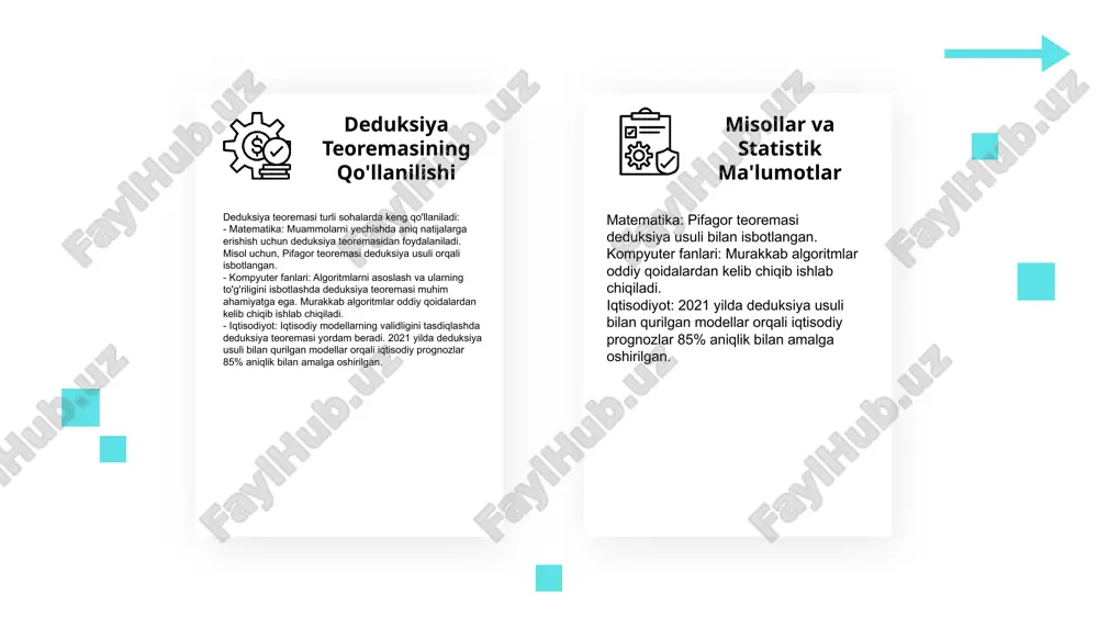 a metodlari matematikada fundamental ahamiyatga ega bo'lib, ularning to'g'ri ishlatilishi zarur. **amaliy muammolar**: deduksiya teoremasi yordamida muammolarni hal qilish jarayonida erishilgan natijalar amaliyotda muhim o'rin tutadi. **foydalari**: deduksiya teoremasining amaliyotdagi ko'plab foydalari mavjud bo'lib, ularni boshqa nazariyalar bilan taqqoslash orqali o'zgarishlar va yangiliklarni ko'rishimiz mumkin. photo by victor on unsplash e'tiboringiz uchun rahmat! image1.png image2.png image19.jpg image3.png image4.png image5.png image20.jpg image6.png image7.png image8.png