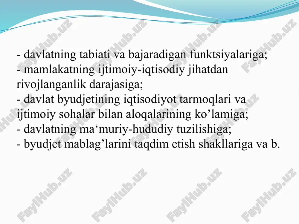 jatlar;  oʻzbekiston respublikasining davlat qarziga xizmat ko’rsatish va davlatning kafolatli majburiyatlarini bajarish bilan bog’liq xarajatlar;  davlat buyurtmasi bo’yicha statistika ishlariga haq to’lash xarajatlari;  jamoat tartibini saqlash, davlat xavfsizligi, bojxona organlarini saqlash, mamlakatning mudofaa qobiliyatini ta‘minlash kabi xarajatlar byudjet parametrlarida “boshqa xarajatlar” guruhida aks ettiriladi. o‘zbekiston respublikasi byudjet kodeksining 70-moddasi bilan respublika byudjetining xarajatlari, 71 -moddasi bilan viloyatlar byudjetlari hamda toshkent shahrining shahar byudjeti xarajatlari, 71 -moddasi bilan tuman va shaharlar byudjetlari xarajatlari tarkibi belgilab qo‘yilgan. davlat budjetining xarajat qismi quyidagilardan iborat:  ijtimoiy soha va aholini ijtimoiy qo’llab-quvvatlash xarajatlari;  nodavlat notijorat tashkilotlarini va fuqarolik jamiyatining boshqa institutlarini davlat tomonidan qo’llab-quvvatlash xarajatlari;  iqtisodiyot xarajatlari;  markazlashtirilgan investitsiyalarni moliyalashtirish xarajatlari;  davlat hokimiyati va boshqaruvi organlarini, adliya va prokuratura organlarini saqlab turish xarajatlari;  sudlarni saqlab turish xarajatlari;  fuqarolarning o’zini o’zi boshqarish organlarini saqlab turish xarajatlari;  boshqa xarajatlar. o’zbekiston respublikasining respublika budjetidan quyidagi xarajatlar amalga …