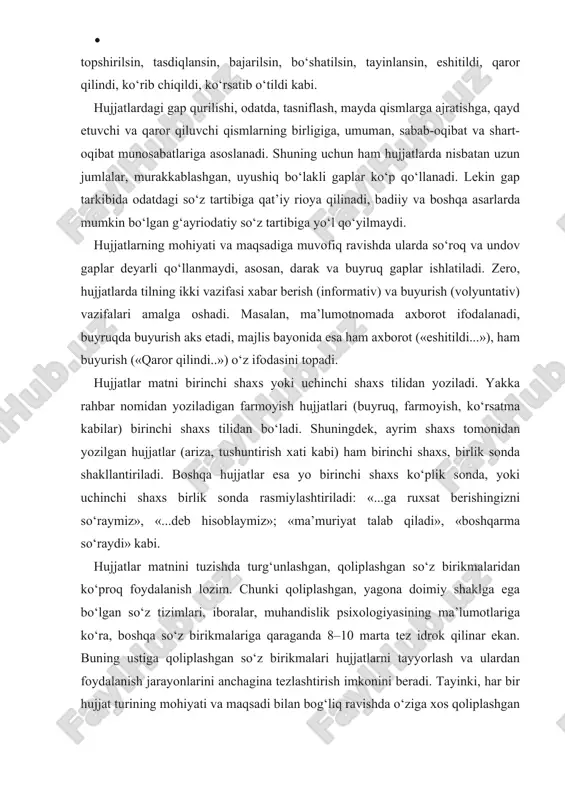 ushuntirish xati kabi) ham birinchi shaxs, birlik sonda shakllantiriladi. boshqa hujjatlar esa yo birinchi shaxs ko‘plik sonda, yoki uchinchi shaxs birlik sonda rasmiylashtiriladi: «...ga ruxsat berishingizni so‘raymiz», «...deb hisoblaymiz»; «ma’muriyat talab qiladi», «boshqarma so‘raydi» kabi. hujjatlar matnini tuzishda turg‘unlashgan, qoliplashgan so‘z birikmalaridan ko‘proq foydalanish lozim. chunki qoliplashgan, yagona doimiy shaklga ega bo‘lgan so‘z tizimlari, iboralar, muhandislik psixologiyasining ma’lumotlariga ko‘ra, boshqa so‘z birikmalariga qaraganda 8–10 marta tez idrok qilinar ekan. buning ustiga qoliplashgan so‘z birikmalari hujjatlarni tayyorlash va ulardan foydalanish jarayonlarini anchagina tezlashtirish imkonini beradi. tayinki, har bir hujjat turining mohiyati va maqsadi bilan bog‘liq ravishda o‘ziga xos qoliplashgan sintaktik tuzilmalar shakllana boradi. masalan, buyruqda quyidagicha qoliplashgan tuzilmalar qo‘llanishi mumkin: 1) «... ...so‘m maosh bilan ...lavozimiga tayinlansin»; 2) «...o‘z xohishiga ko‘ra ...lavozimidan bo‘shatilsin»; 3) «...boshqa ishga o‘tganligi munosabati bilan ...la vozimidan bo‘shatilsin»; 4) «...ga ...dagi faol va samarali ishtiroki uchun tashakkur e’lon qilinsin»; 5) «...ga o‘z bo‘limida intizomni bo‘shashtirib yuborganligi uchun …