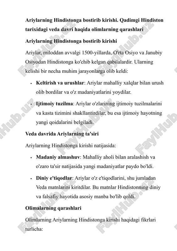 urilishi, san'atning rivojlanishiga yordam berdi. madaniyatning yuksalishi veda davri madaniyatining yuksalishi quyidagi omillar bilan bog'liq: · ijtimoiy birlik: kasta tizimi va diniy amaliyotlar ijtimoiy birlikni mustahkamladi, bu esa madaniyatning rivojiga ijobiy ta'sir ko'rsatdi. · ta'lim va bilim: brahmanlar tomonidan tashkil etilgan ta'lim tizimi, bilim va madaniyatni rivojlantirishda asosiy rol o'ynadi. brahmanlar o'z bilimlarini avloddan-avlodga o'tkazdilar. xulosa veda davrida hind madaniyatining rivojlanishi, adabiyot va musiqaning ahamiyati, uning yuksalishi uchun muhim omillar bo'ldi. bu davrda shakllangan diniy, falsafiy va ijtimoiy g'oyalar, keyingi davrlar uchun muhim poydevor bo'lib qoldi. hind madaniyati bugungi kunda ham o'zining boy merosi va an'analarini saqlab qolmoqda.